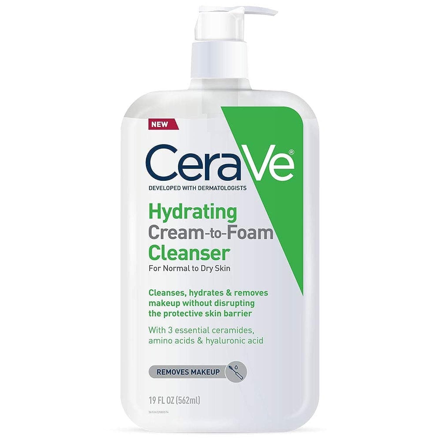 CeraVe Hydrating Cream To Foam Cleanser, Makeup Remover Face Wash For Dry Skin, Foaming Facial Cleanser With Hyaluronic Acid, Normal To Dry Skin, Fragrance Free & Non Comedogenic, 19 Fluid Ounce 19 Fl Oz (Bottle)