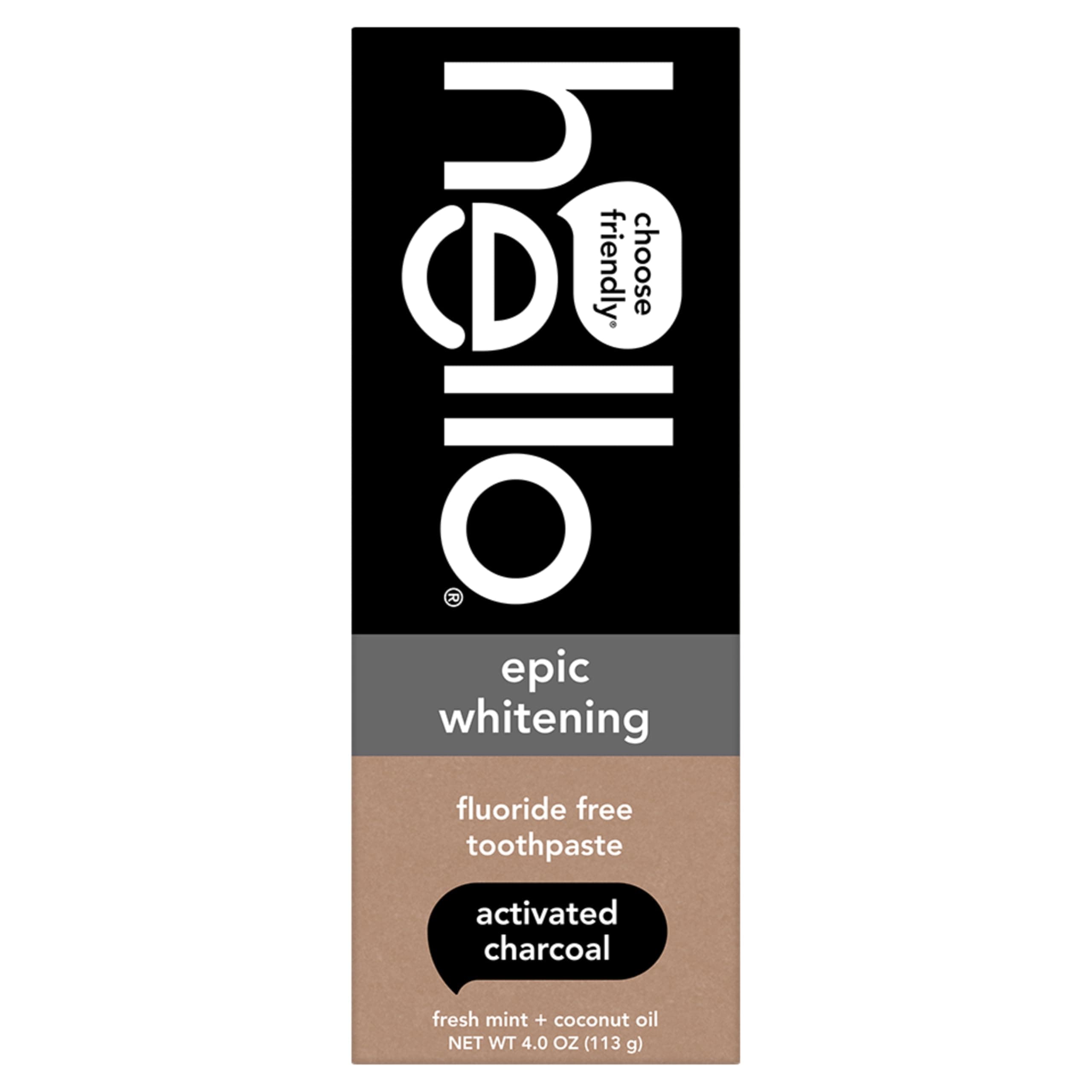 hello Epic Whitening Charcoal Fluoride Free Toothpaste, Activated Charcoal Toothpaste with Coconut Oil, Whitens Teeth Naturally, SLS Free, Fresh Mint, 4.0 Oz Tube 4 Ounce (Pack of 1) Charcoal
