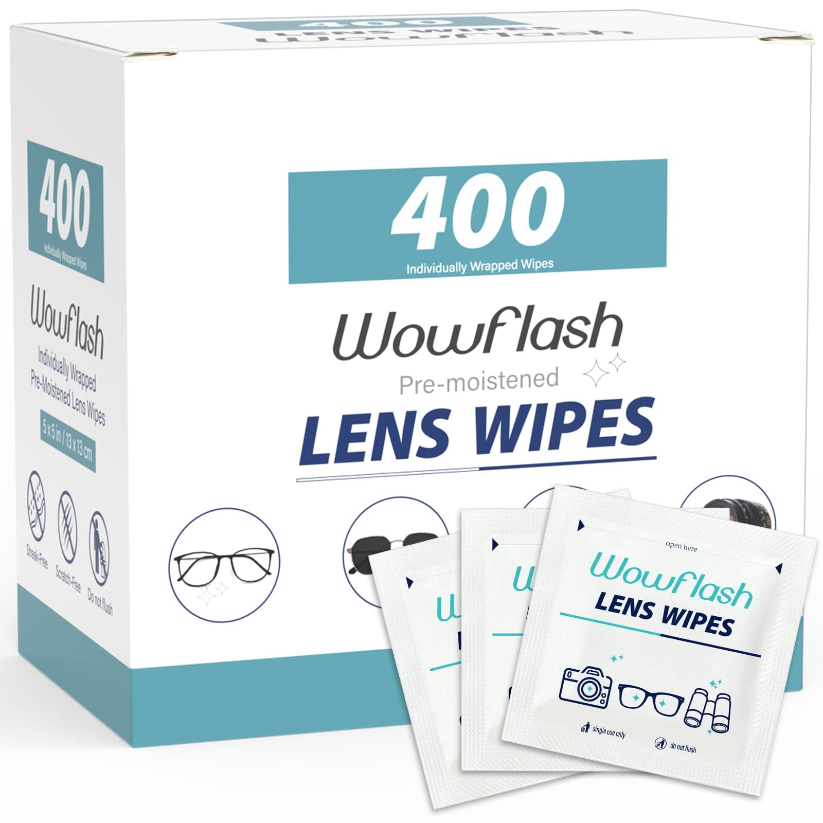 400 Count Lens Wipes for Eyeglasses, Eyeglass Lens Cleaning Wipes Pre-moistened Individually Wrapped Sracth-Free Streak-Free Eye Glasses Cleaner Wipes for Sunglass, Camera Lens, Goggles 1 Count (Pack of 400)
