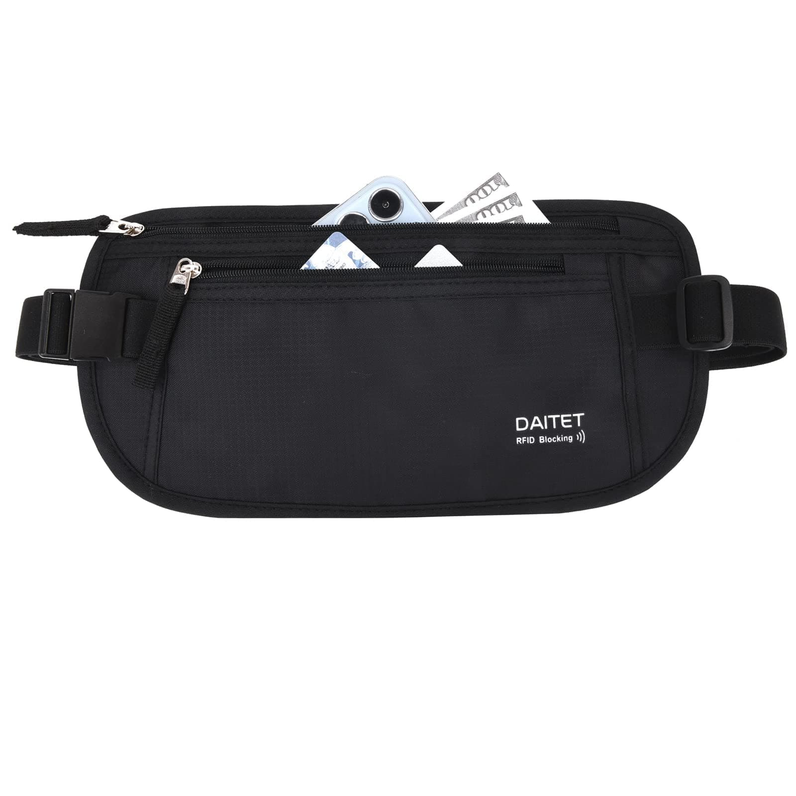 DAITET Money Belt - Passport Holder Secure Hidden Travel Wallet with RFID Blocking, Undercover Fanny Pack (Black) Black Rfid Blocking & Belt Wide:1inch