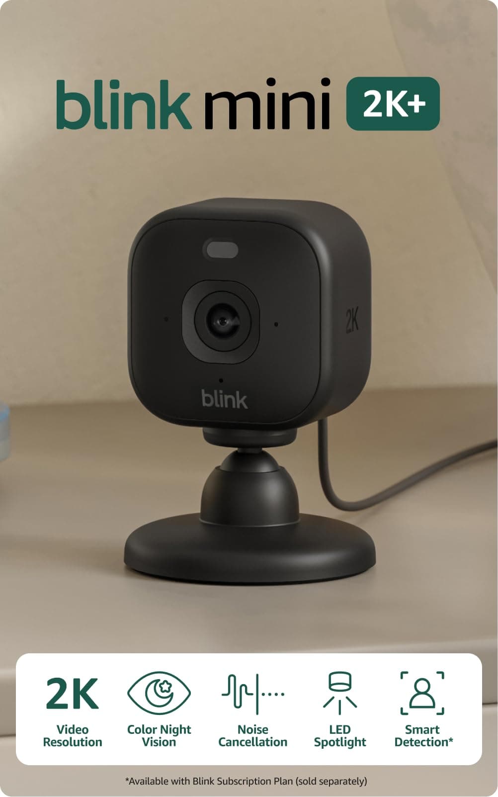 Blink Mini 2K+ (newest model) – Plug-in Home & Pet Security Camera with 2K video resolution, color night vision, enhanced audio, motion detection – 1 camera (Black) Black 1 Camera Camera