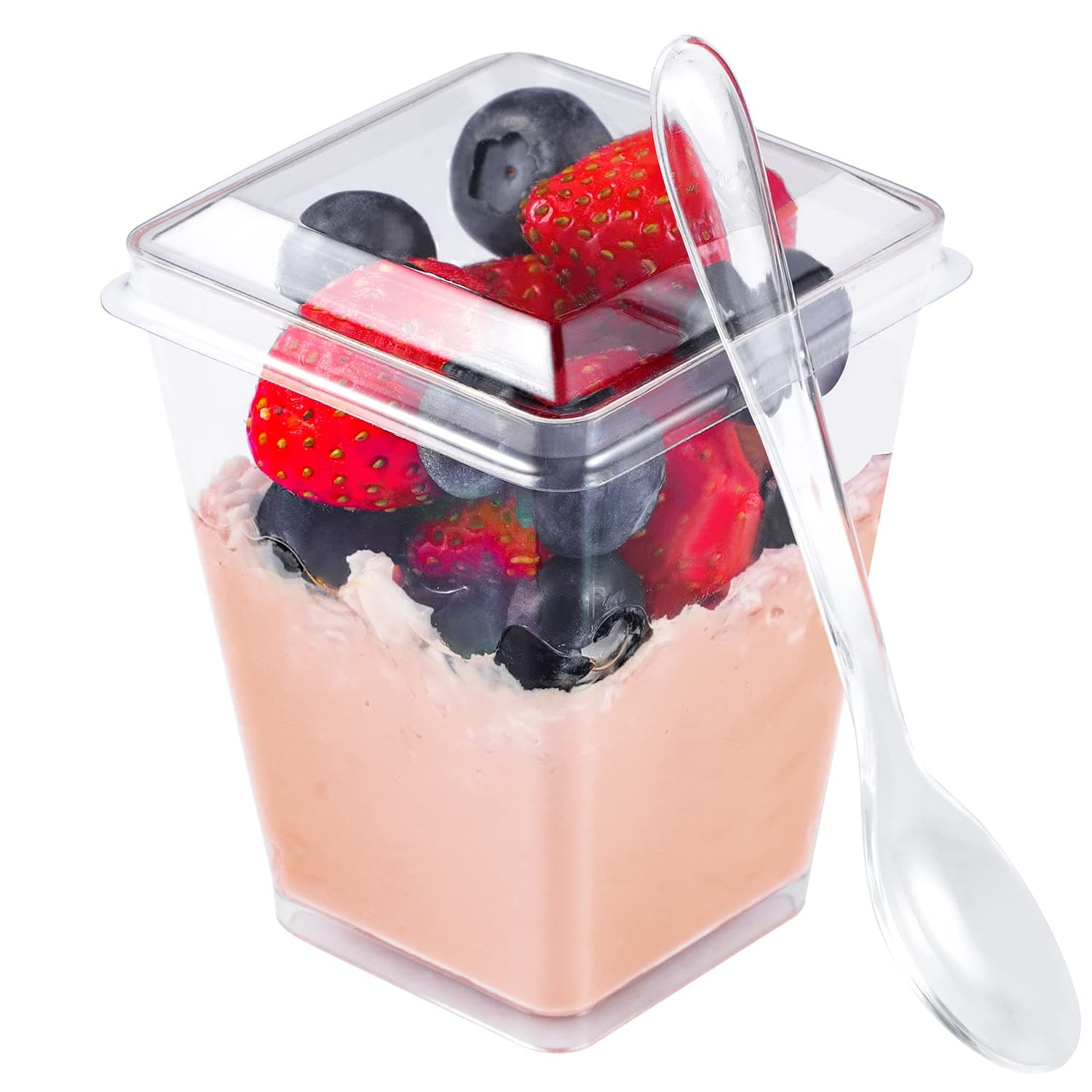 EASERCY 50 Pack 5 oz Plastic Dessert Cups with Lids, Yogurt Parfait/Appetizer Cup with Lids for Party, Mini Dessert Cups with Spoons Dessert Shooter Cups for Pudding, Fruit and Ice Cream 50 cups + 50 spoons + 50 lids