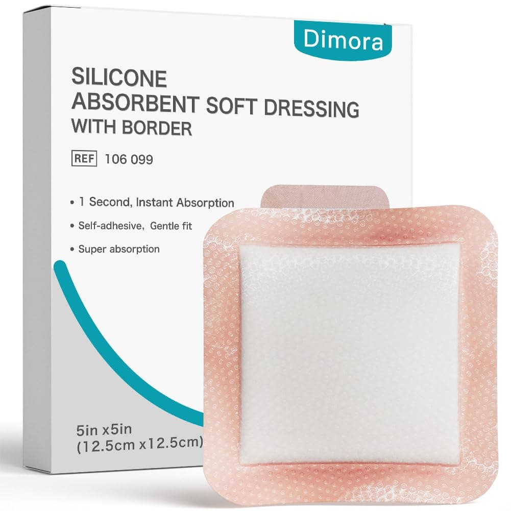 Dimora Silicone Super Absorbent Wound Dressings - Gentle Adhesive Bandages with Ultrasorb Polymer,Heavy Exudate Wound Care Pads 5"X 5" 10 Packs 5"x 5" Adhesive