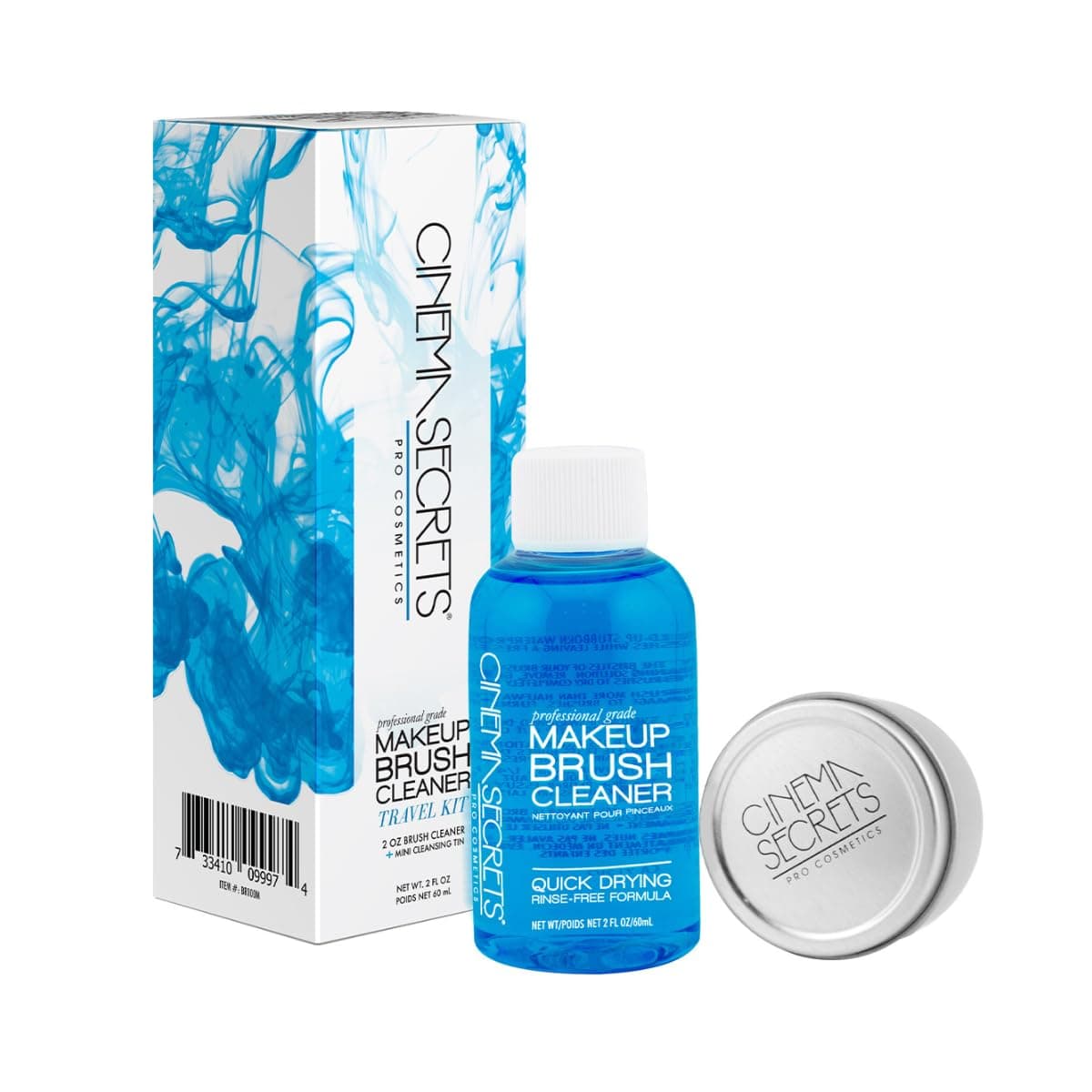 Cinema Secrets Original Blue Vanilla Makeup Brush Cleaner Kit - Professional Cleanser + Cleansing Tin for Makeup Brushes - Quick-Dry, Rinse-Free Formula - Removes Stubborn Waterproof Make Up 2 Fl Oz Kit