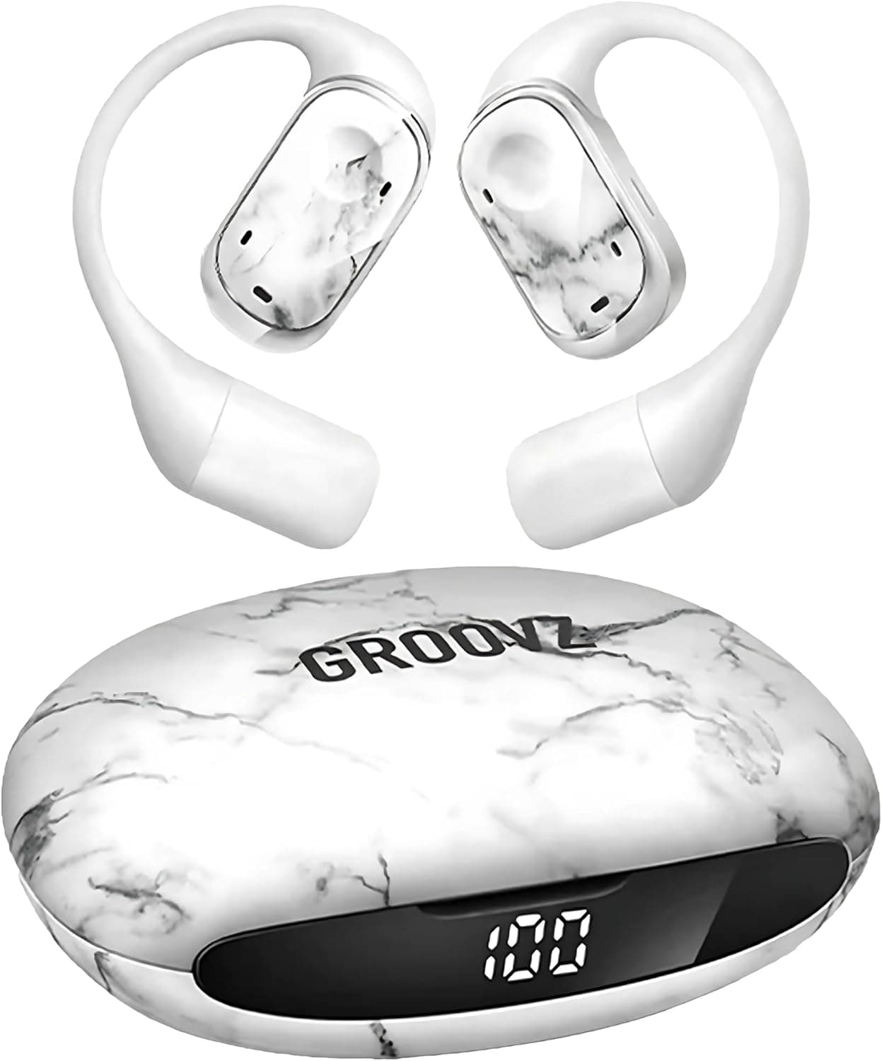 Groovz Open-Ear True Wireless Headphones with Smart Battery Display - Designed and Engineered in The USA - IPX5-Rated Bluetooth Open Ear Earbuds Compatible with Apple & Android - White Marble