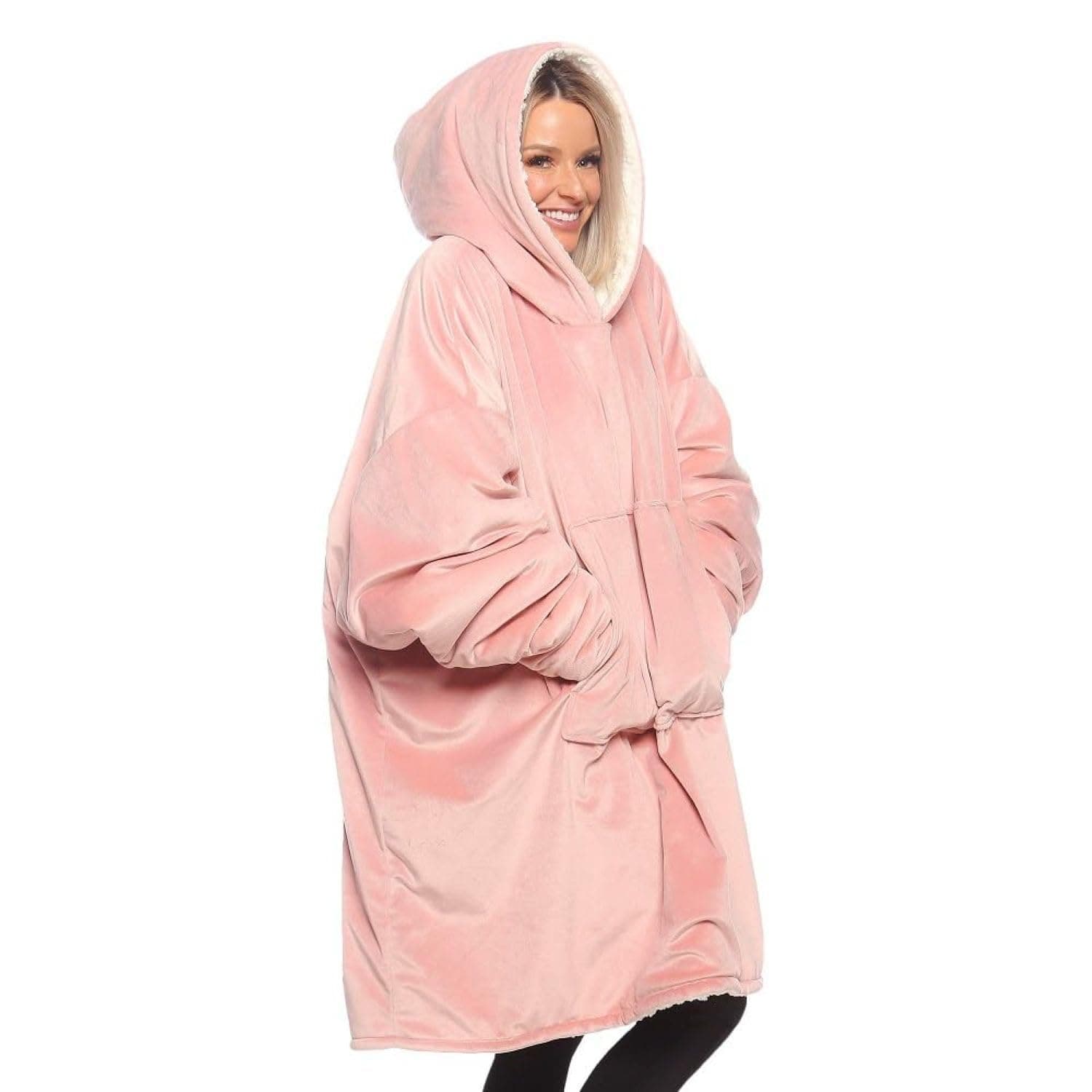 THE COMFY Original | Sherpa Lined Microfiber Fleece Wearable Blanket, Oversized Design with Hood and Pocket from Shark Tank Blush