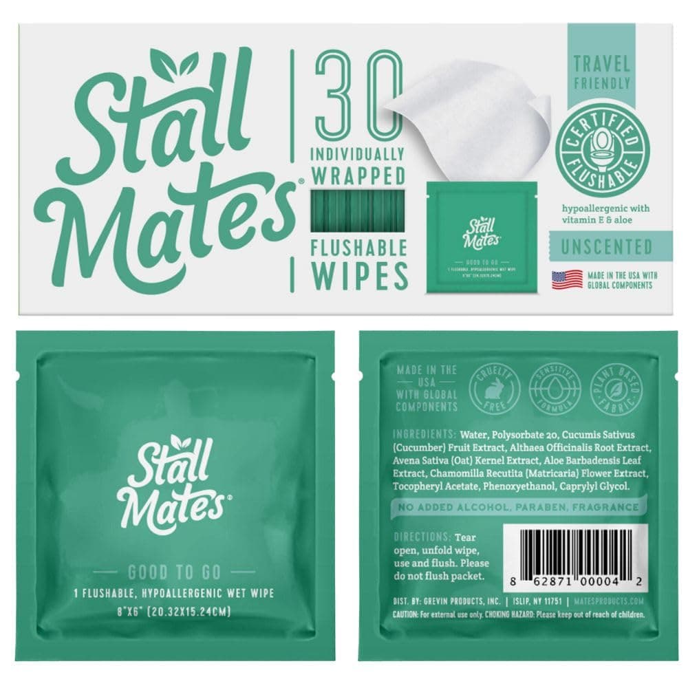 Stall Mates Wipes - Flushable Wipes | Individually Wrapped | Travel Friendly | Unscented with Vitamin-E & Aloe | (30 on-the-go singles) 30 Count (Pack of 1)