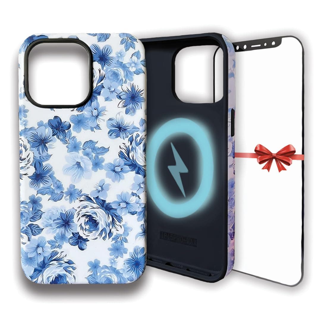 iPhone 14 pro max Case Blue Floral MagSafe Compatible | Free Screen Protector | Dual Case for Heavy Duty Protective Back | Camera Lens Raised Edges Military Grade Shockproof | Blue Floral Blue Floral iPhone 14 pro max