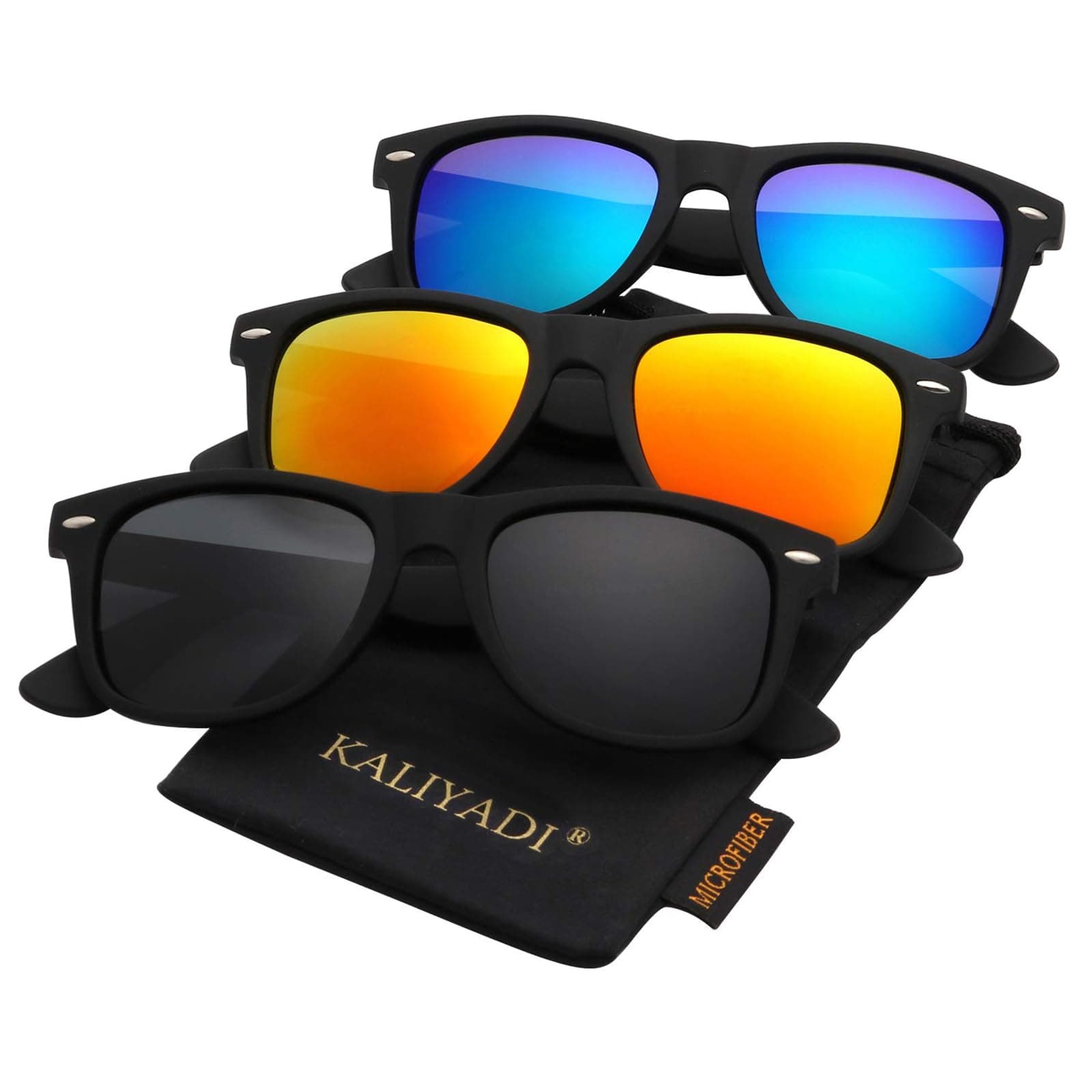 KALIYADI Polarized Sunglasses for Men and Women Matte Finish Sun glasses Color Mirror Lens UV Blocking (3 Pack) Black/Green Blue/Orange Multicoloured