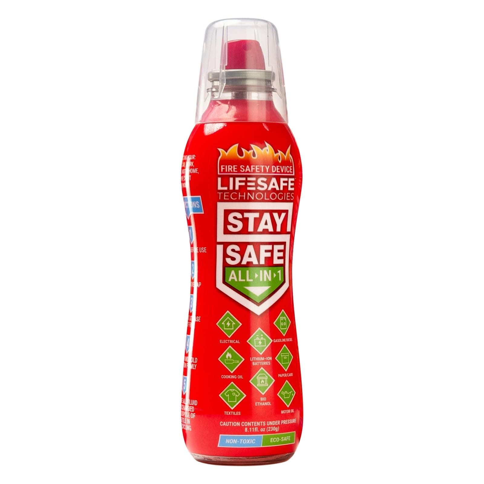 LifeSafe Technologies StaySafe All-in-1 Portable Fire Extinguisher, Compact Fire Spray Easy to use on 10 Types of Fires, Non-Toxic & Eco-Friendly 1 Pack