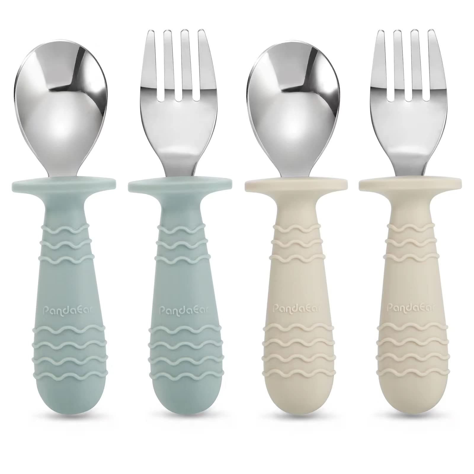 PandaEar 4 Set Baby Toddler Silicone Stainless Steel Utensils Silverware Spoon Fork for Baby Toddler BPA Free with Silicone Holding Anti-Choke Design Morandi Green & Milky White
