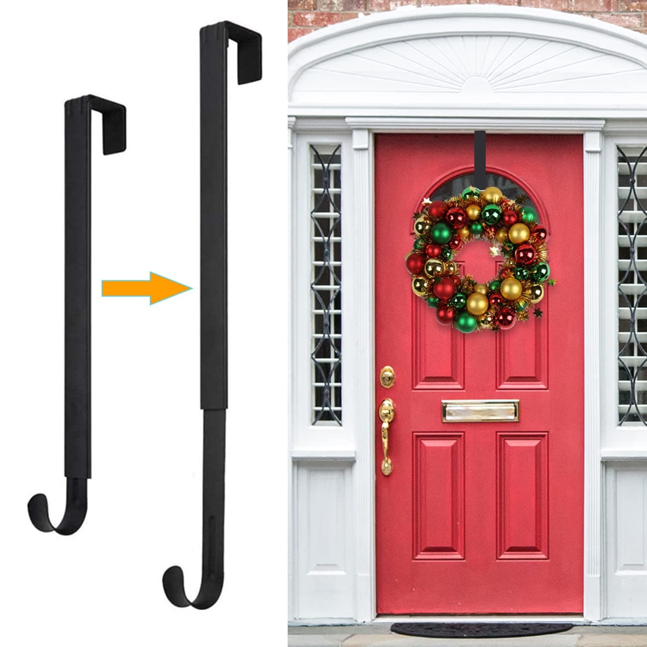 Wreath Hanger,Easter Decorations Adjustable Wreath Hanger for Front Door Decor from 14.9-25",Over The Door Hooks Organizer 20 lbs Larger Wreaths Hangers Christmas Wreaths Decorations Hook Black