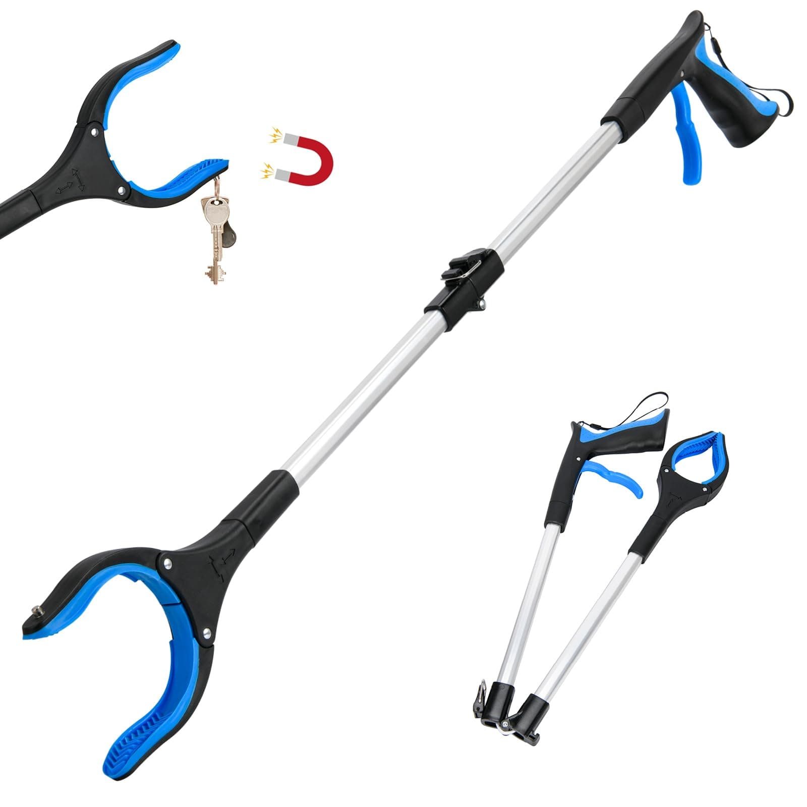Grabber Reacher Tool,32 Inch Extra Long Foldable Pick Up Stick with Buckle and Rope and with Strong Grip Magnetic,360°Rotating Anti-Slip Jaw,Trash Picker Tool for Outdoor & Indoor (Blue) Blue1