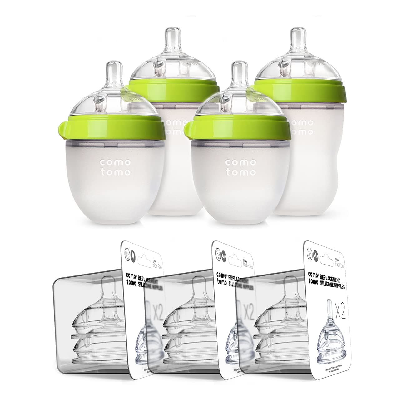 Comotomo Baby Bottle Bundle, Green, (7 Piece Set) Green 7 Count (Pack of 1)