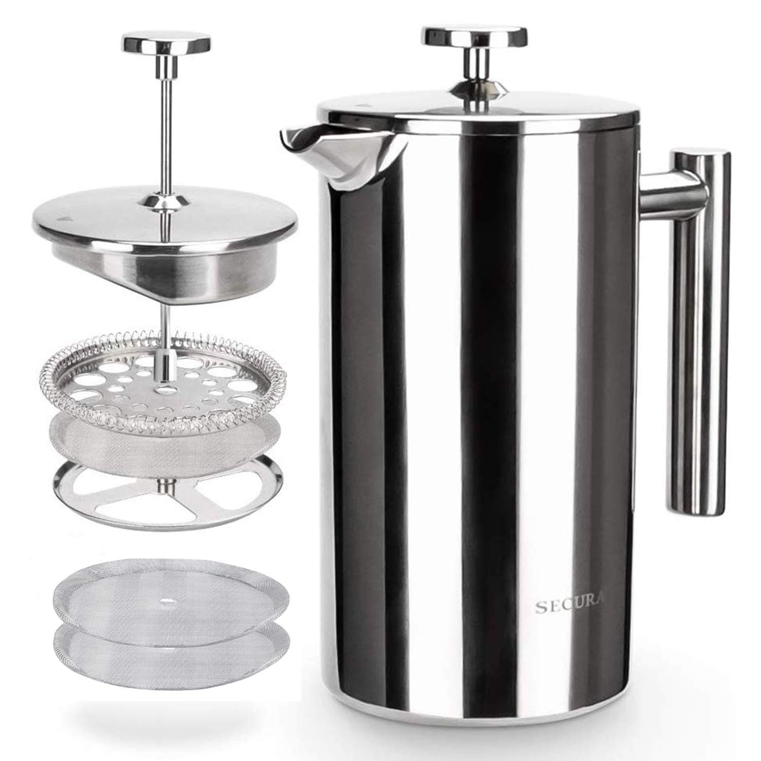 Secura French Press Coffee Maker, 304 Grade Stainless Steel Insulated Coffee Press with 2 Extra Screens, 34oz (1 Litre), Silver Silver 34 oz