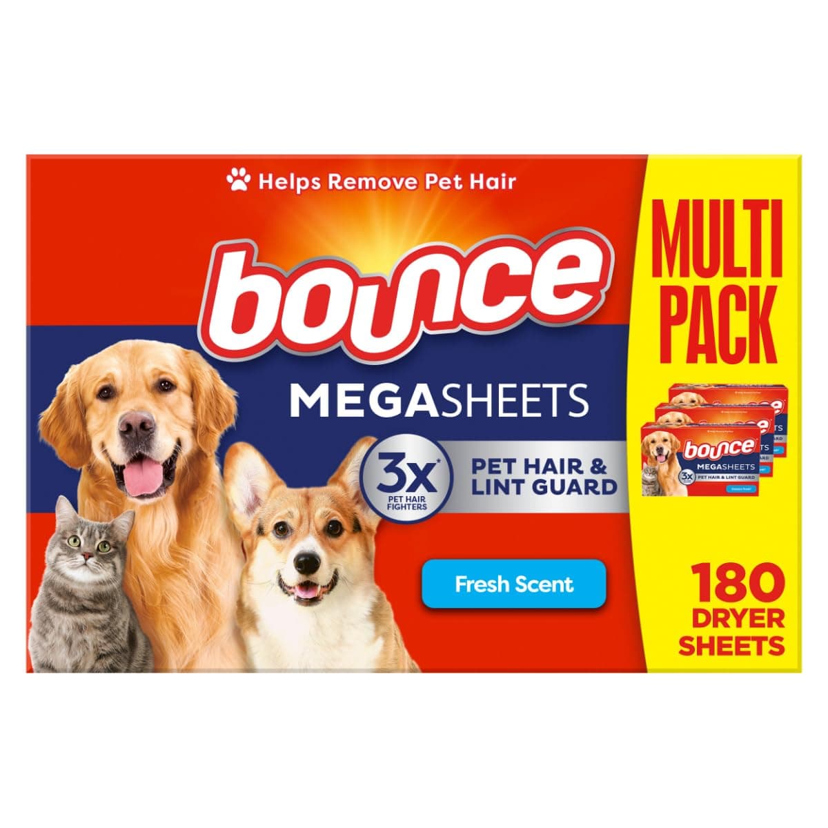 Bounce Pet Hair and Lint Guard Mega Dryer Sheets with 3X Pet Hair Fighters, Fresh Scent, 180 Count Fresh 180 Count (Pack of 1)