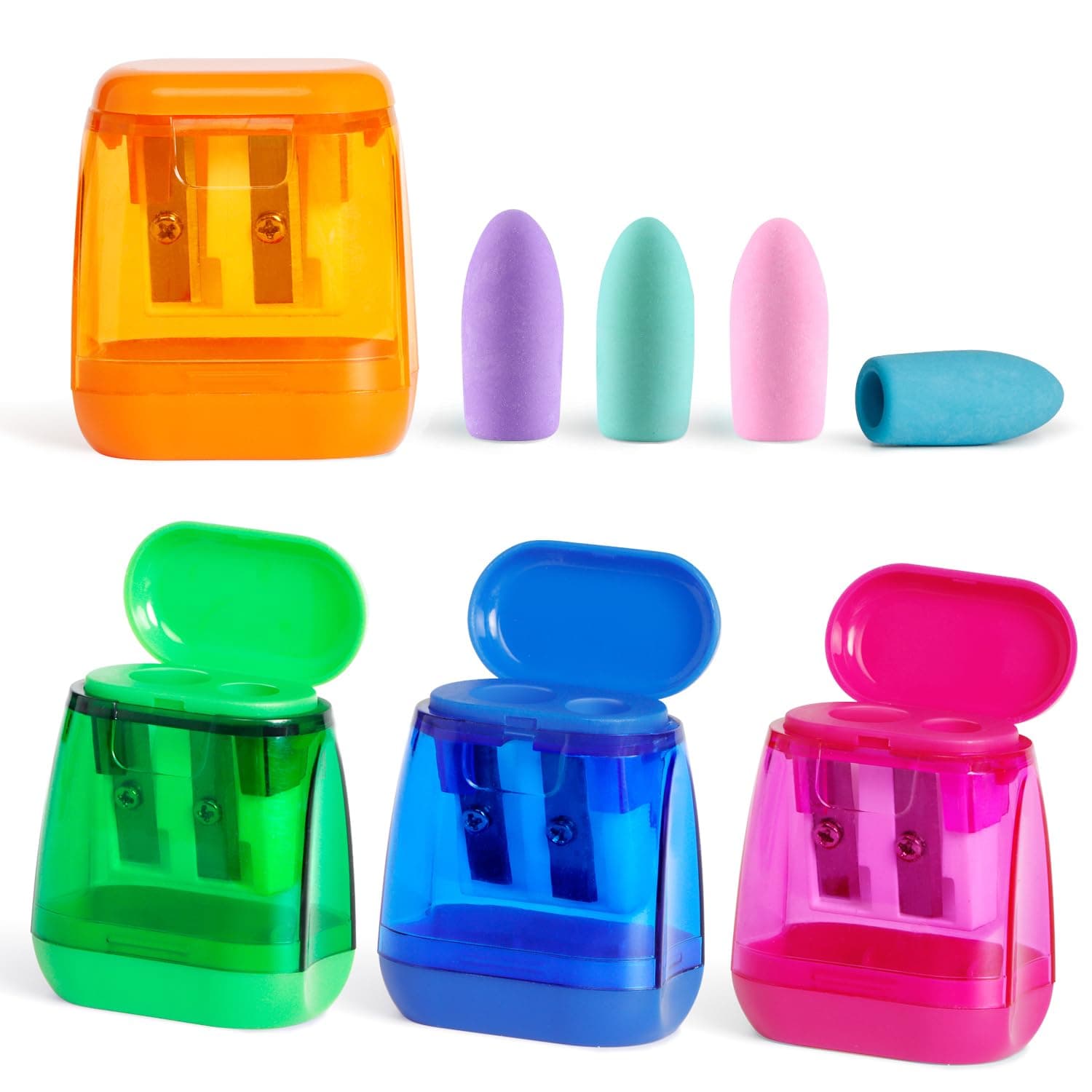 Pencil Sharpeners, Aipker Manual Sharpeners & Pencil Top Eraser Set for Colored Pencils, Colorful Protable Dual Holes Pencil Sharpener with Lid for Kids, Audlts, Artists, Classroom, School & Office A-Pencil sharpener