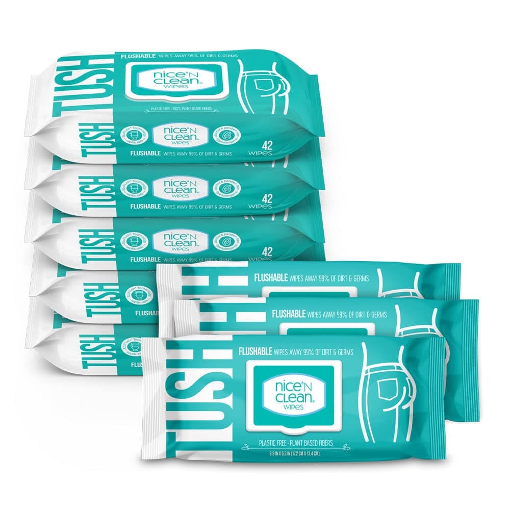 Nice 'N Clean Adult Flushable Wipes (8 x 42 Count) | Personal Cleansing Wipes Made from Plant-Based Fibers | Infused with Aloe & Vitamin E Aloe,Fresh 42 Count (Pack of 8)