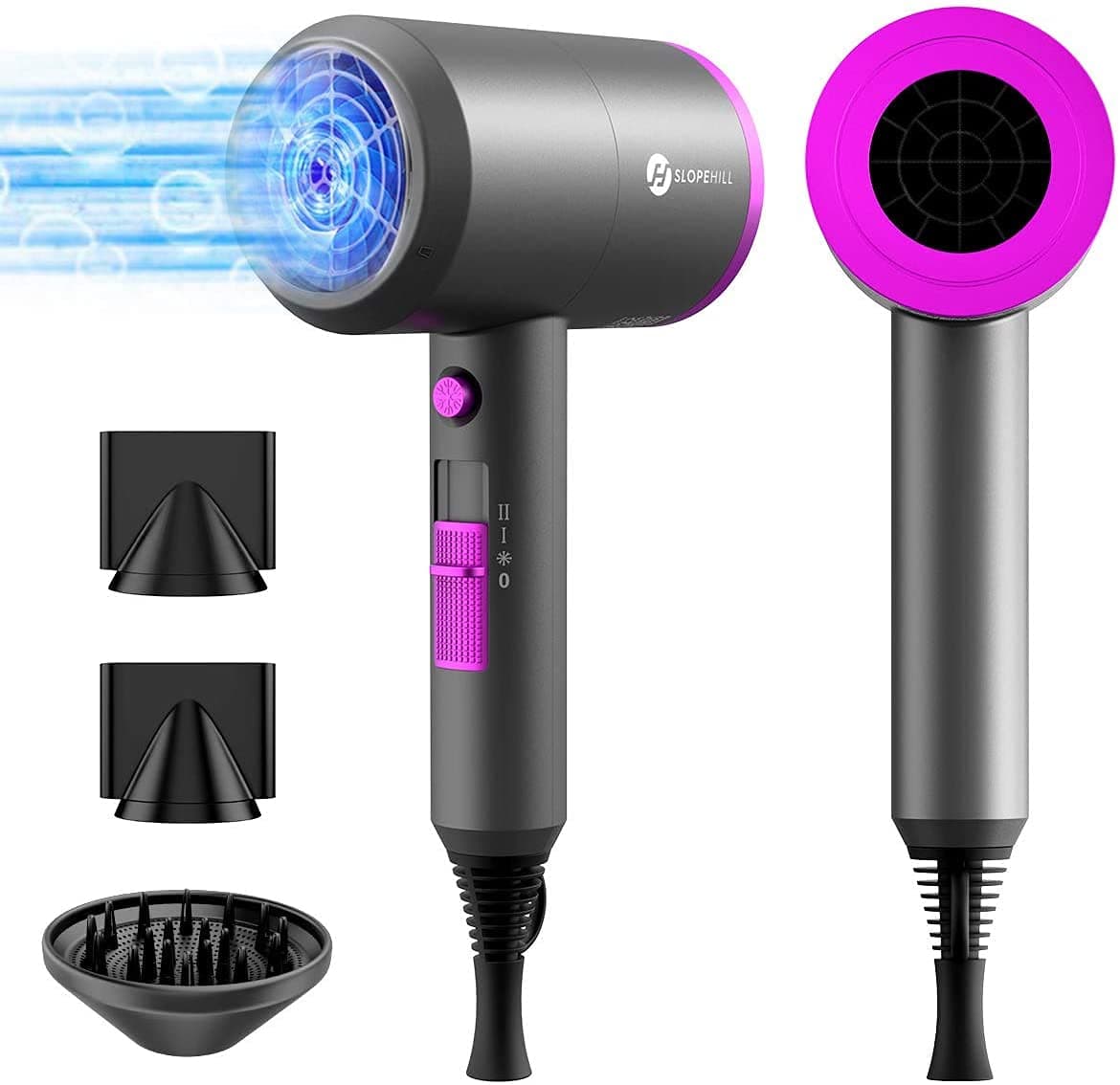 slopehill Professional Ionic Hair Dryer, Powerful 1800W Fast Drying Low Noise Blow Dryer with 2 Concentrator Nozzle 1 Diffuser Attachments for Home Salon Travel Grey