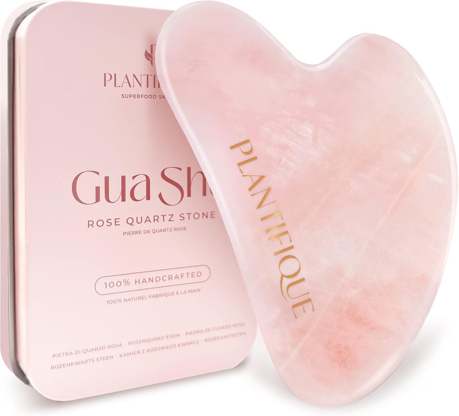 PLANTIFIQUE Rose Quartz Gua Sha Tool – Anti-Aging Face Massager & Jawline Shaper for Skincare Routine – Facial Massage & Skin Care Gift Pink
