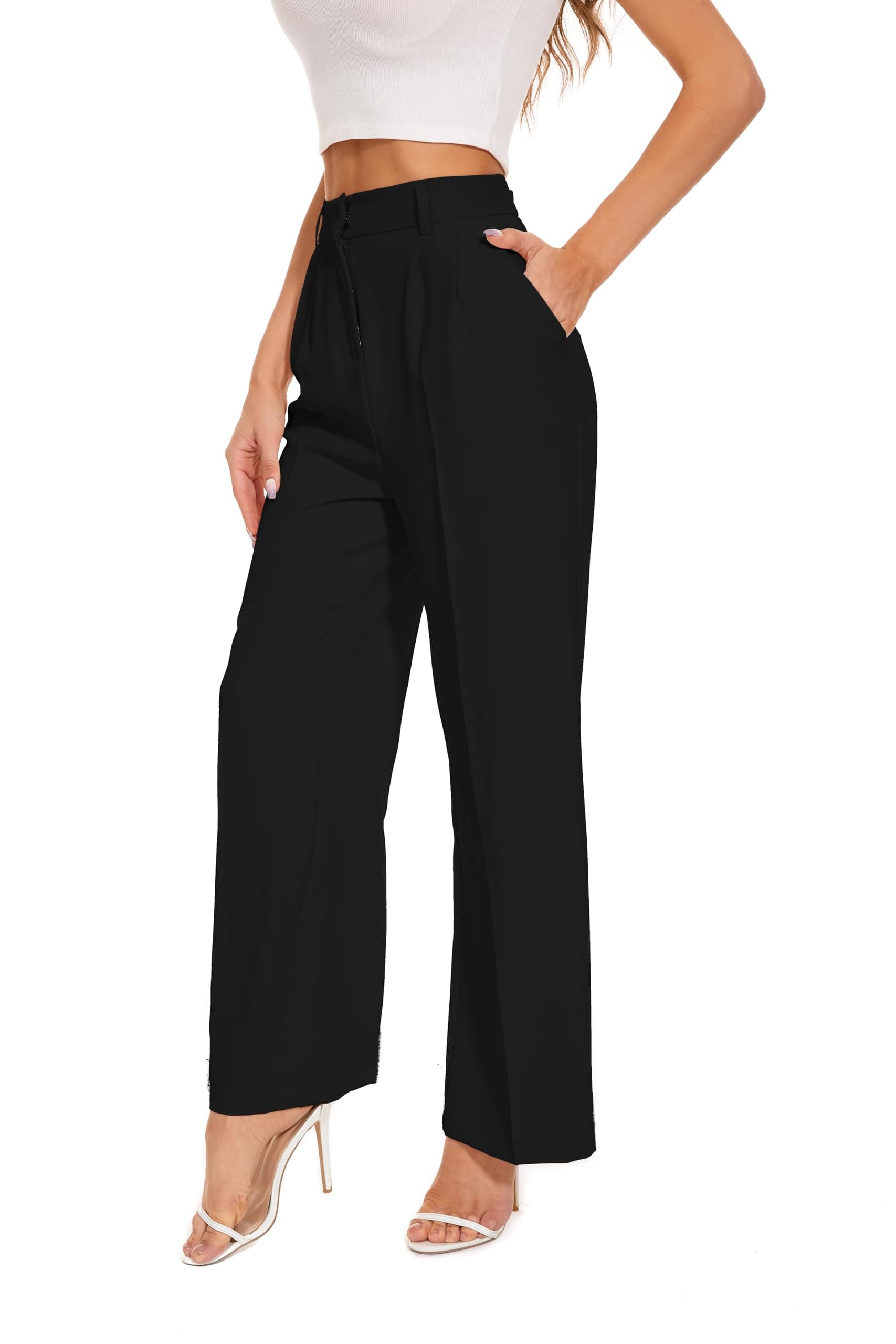 FUNYYZO Wide Leg Pants Women's High Elastic Waisted in The Back Business Work Trousers Long Straight Suit Pants Medium 006# Black (Thin)