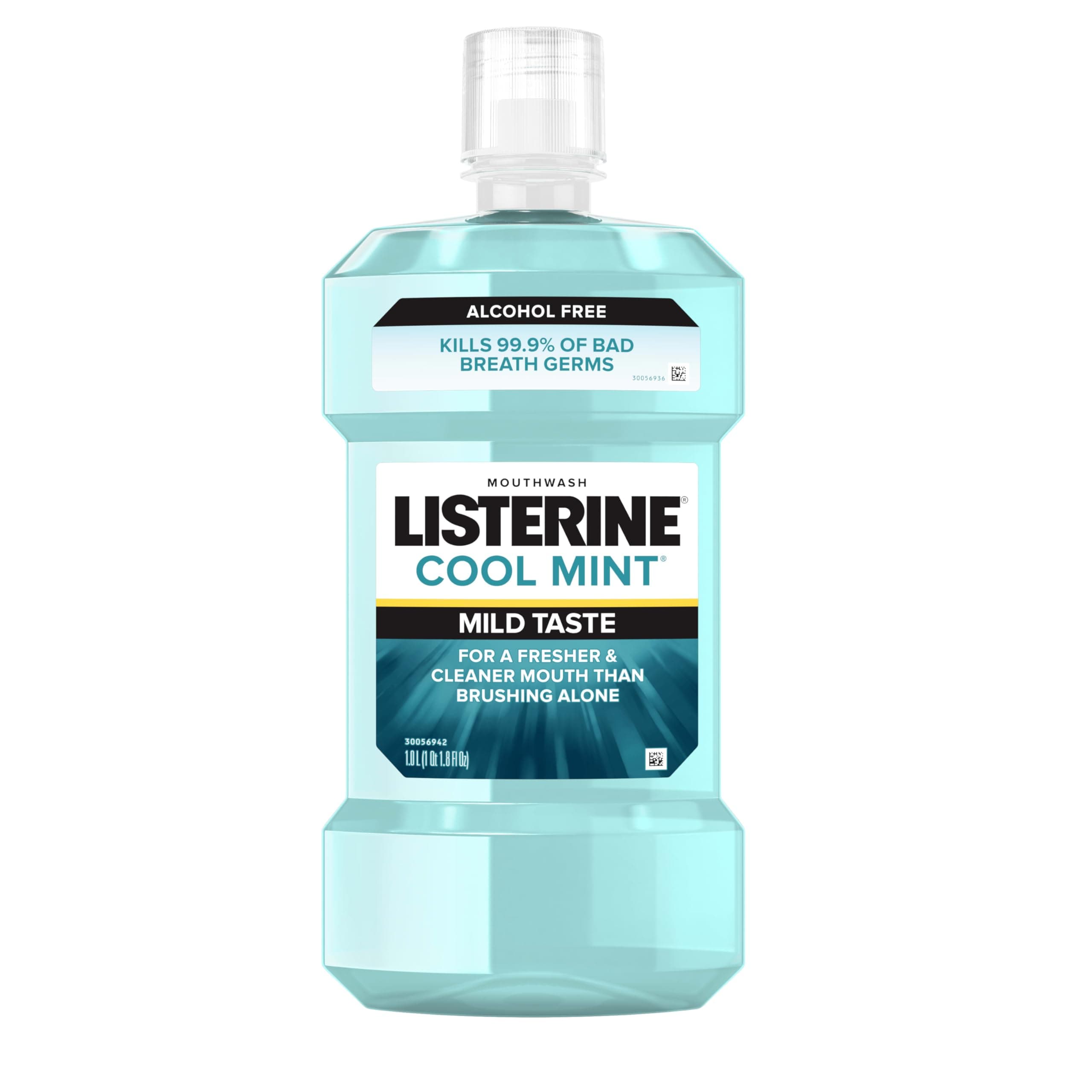 Listerine Cool Mint Alcohol Free Mouthwash, Oral Rinse Kills 99.9% of Germs That Cause Bad Breath, for Fresh Breath & Less Intense Taste, No Alcohol Burn Cool Mint Flavor, 1 L 33.8 Fl Oz (Pack of 1)