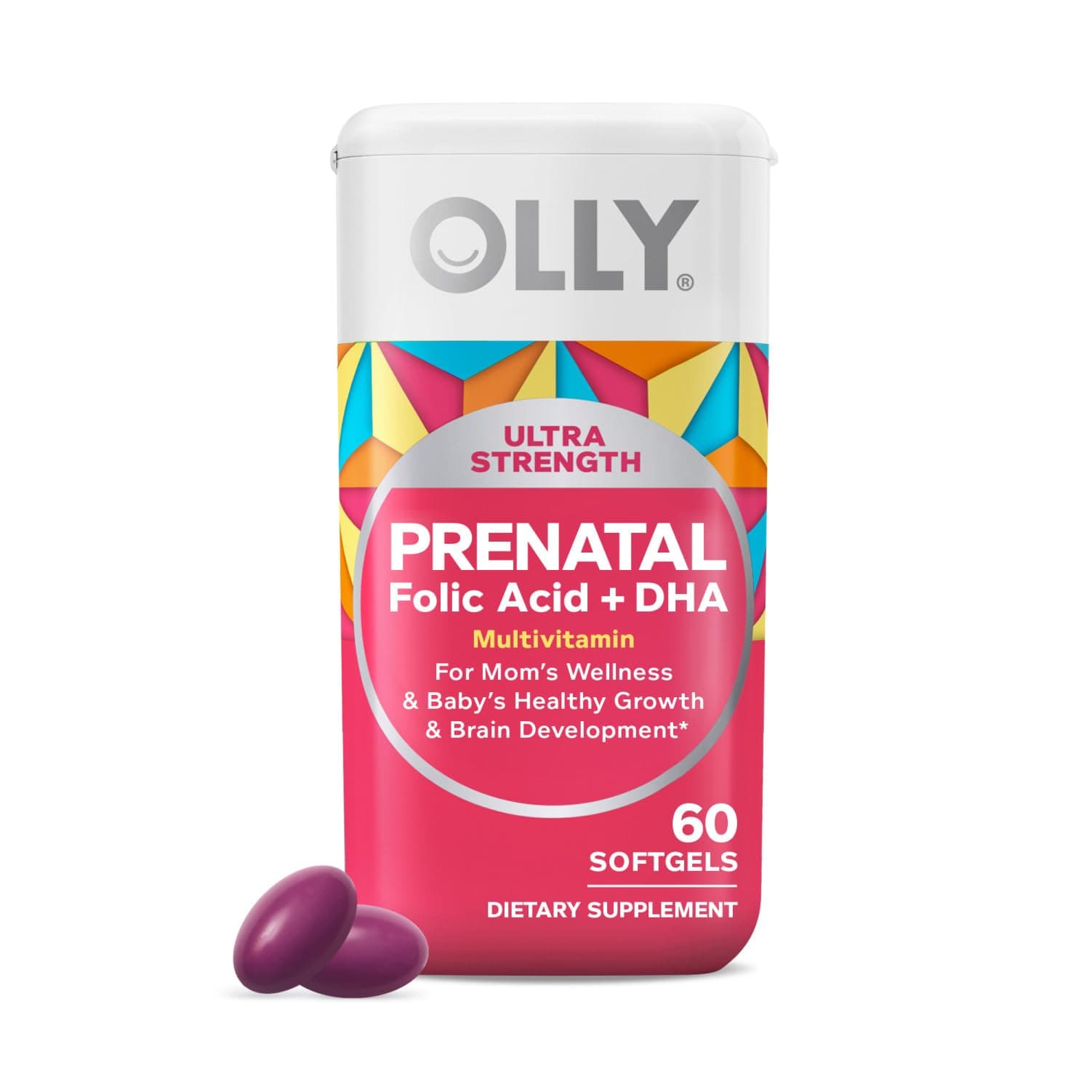 OLLY Ultra Strength Prenatal Multivitamin Softgels, Supports Healthy Growth, Brain Development, Iron, Folic Acid, DHA, Vitamins C, E, 30 Day Supply-60 Count 60 Count (Pack of 1)