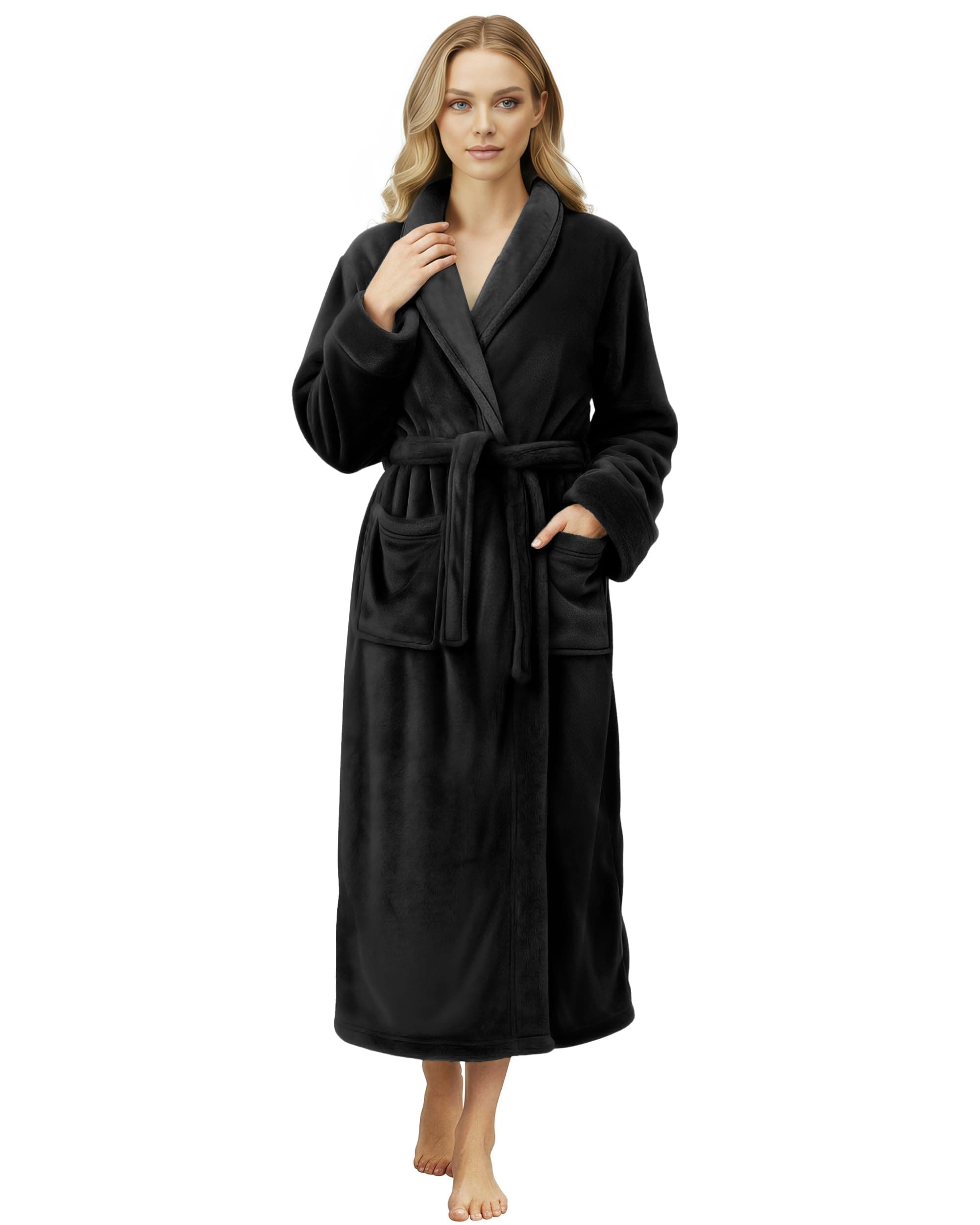 NY Threads Premium Womens Robe, Plush Fleece Long Bath Robe for Women, Fluffy Soft Women's Bathrobe Small Black