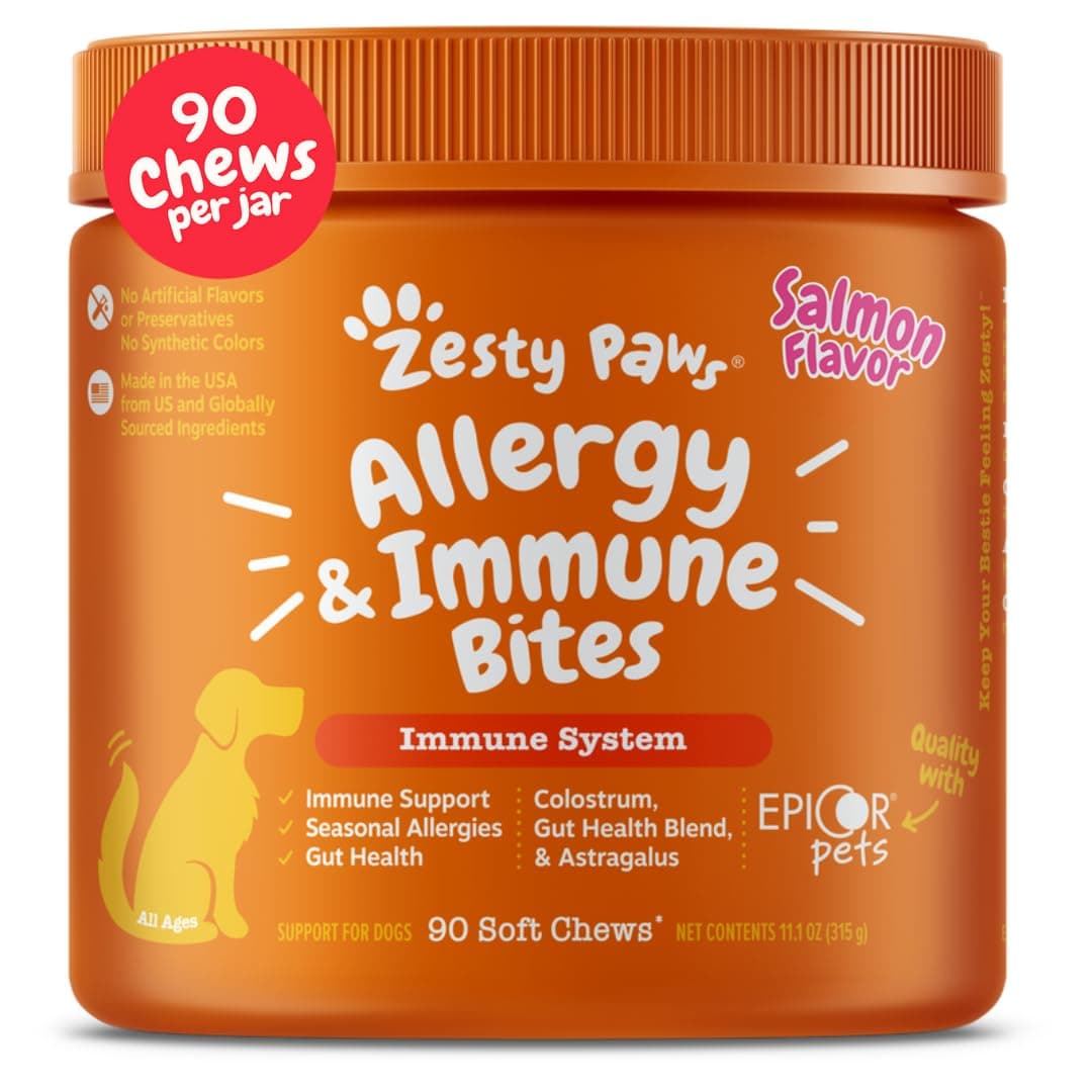 Zesty Paws Dog Allergy Relief Chews, Dog Probiotics for Itchy Skin and Ears, Salmon, 90ct Salmon 90 Count (Pack of 1)