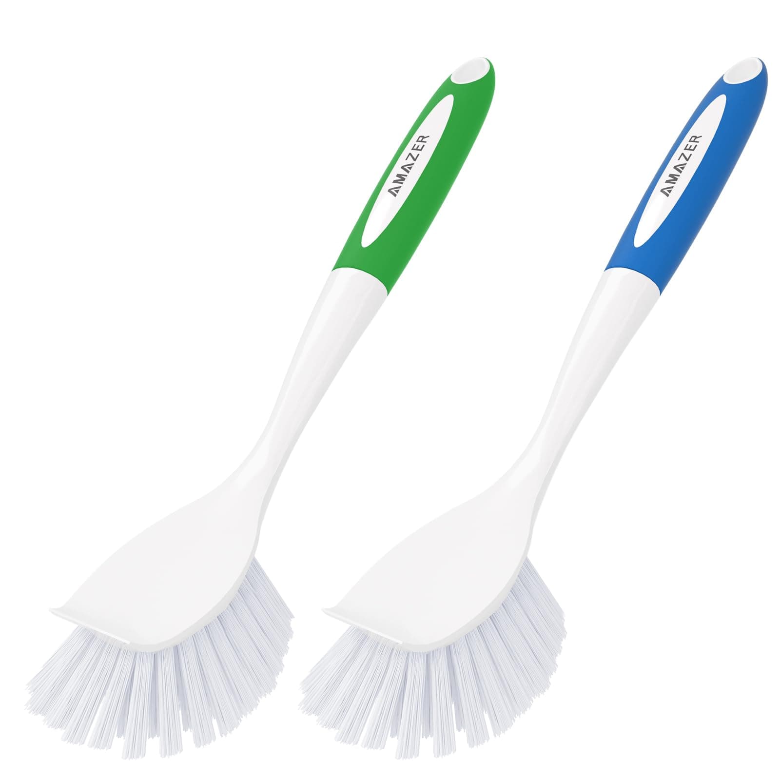 Amazer Dish Brush with Handle, 2 Pack Kitchen Scrub Brushes for Cleaning, Dish Scrubber with Stiff Bristles for Sink, Pots, Pans Blue+green