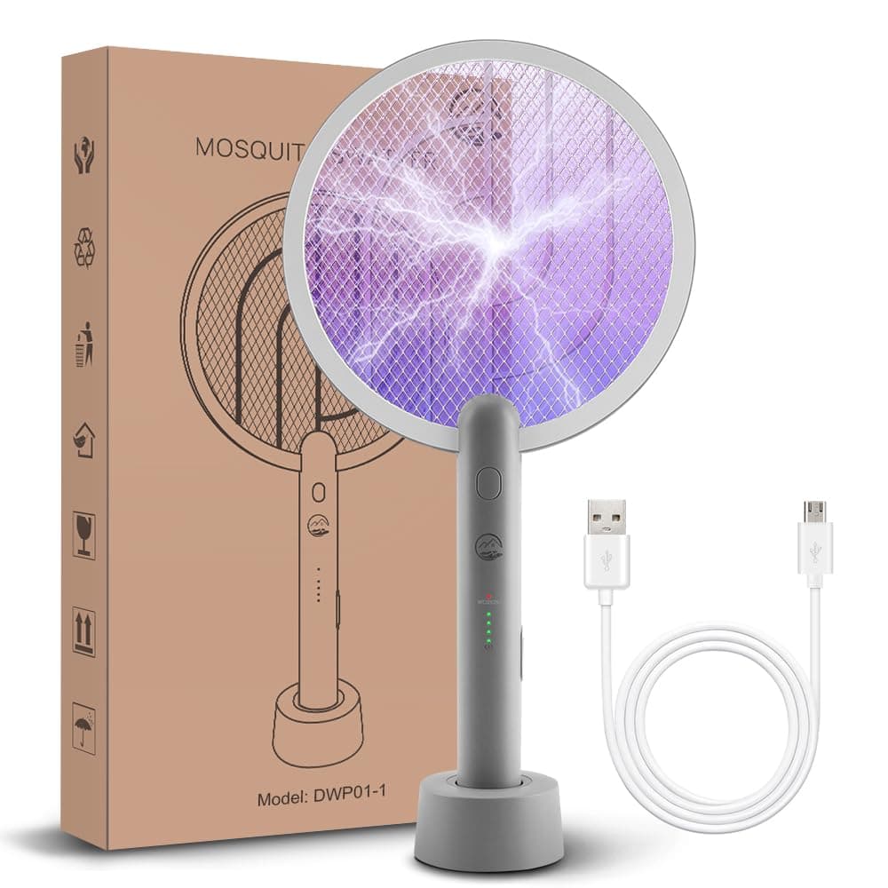 Electric Fly Swatter Racket, Mosiller 2 in 1 Smart Bug Zapper with USB Rechargeable Base, Powerful Mosquitoes Trap Lamp & Fly Killer with 3-Layer Safety Mesh for Home, Bedroom, Kitchen, Patio(1 Pack)