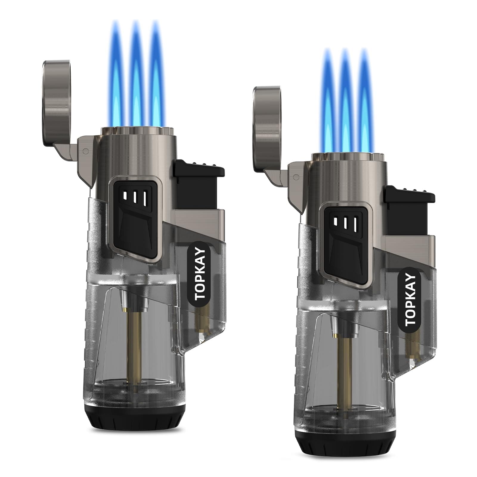 Cigar Lighter Triple Jet Flame Butane Torch Lighters Windproof Butane Refillable Gas Torch Lighters with a Gift Box, 2 Pack (Without Gas) Black