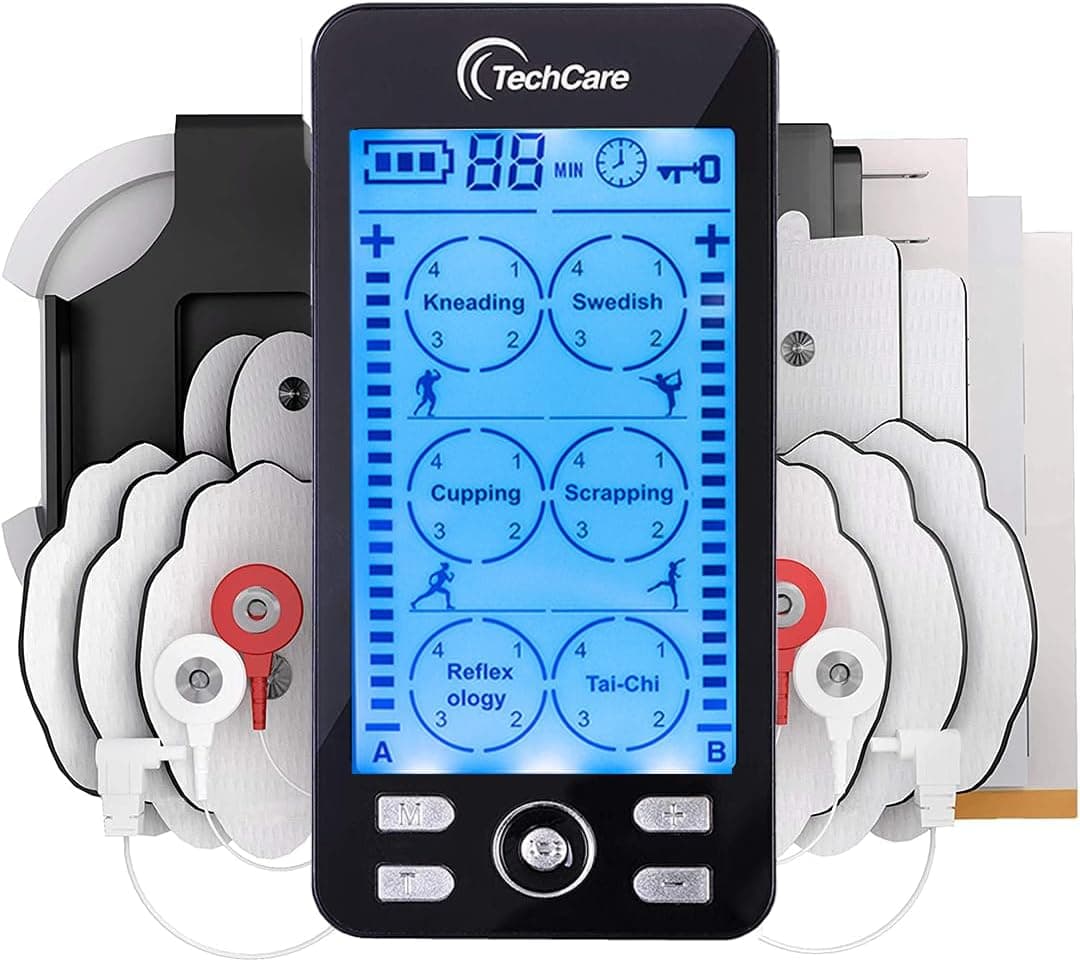 TechCare TENS EMS Muscle Stimulator – Dual Channel Rechargeable Unit with 24 Modes & 20 Intensity Levels for Pain Relief, Back & Sciatica Therapy, Muscle Recovery & Massage Black