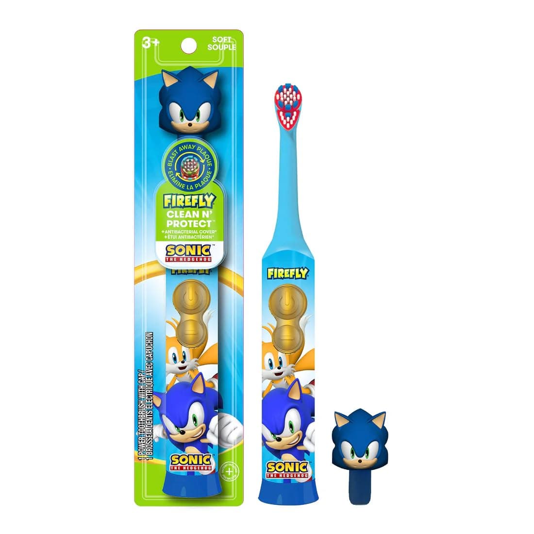 FIREFLY Clean N' Protect, Sonic The Hedgehog Toothbrush with 3D hygienic Cover, Premium Soft Bristles, Anti-Slip Grip Handle, Battery Included, Ages 3+, 3 Piece Set (Pack of 1) 3 Count (Pack of 1) Toothbrush