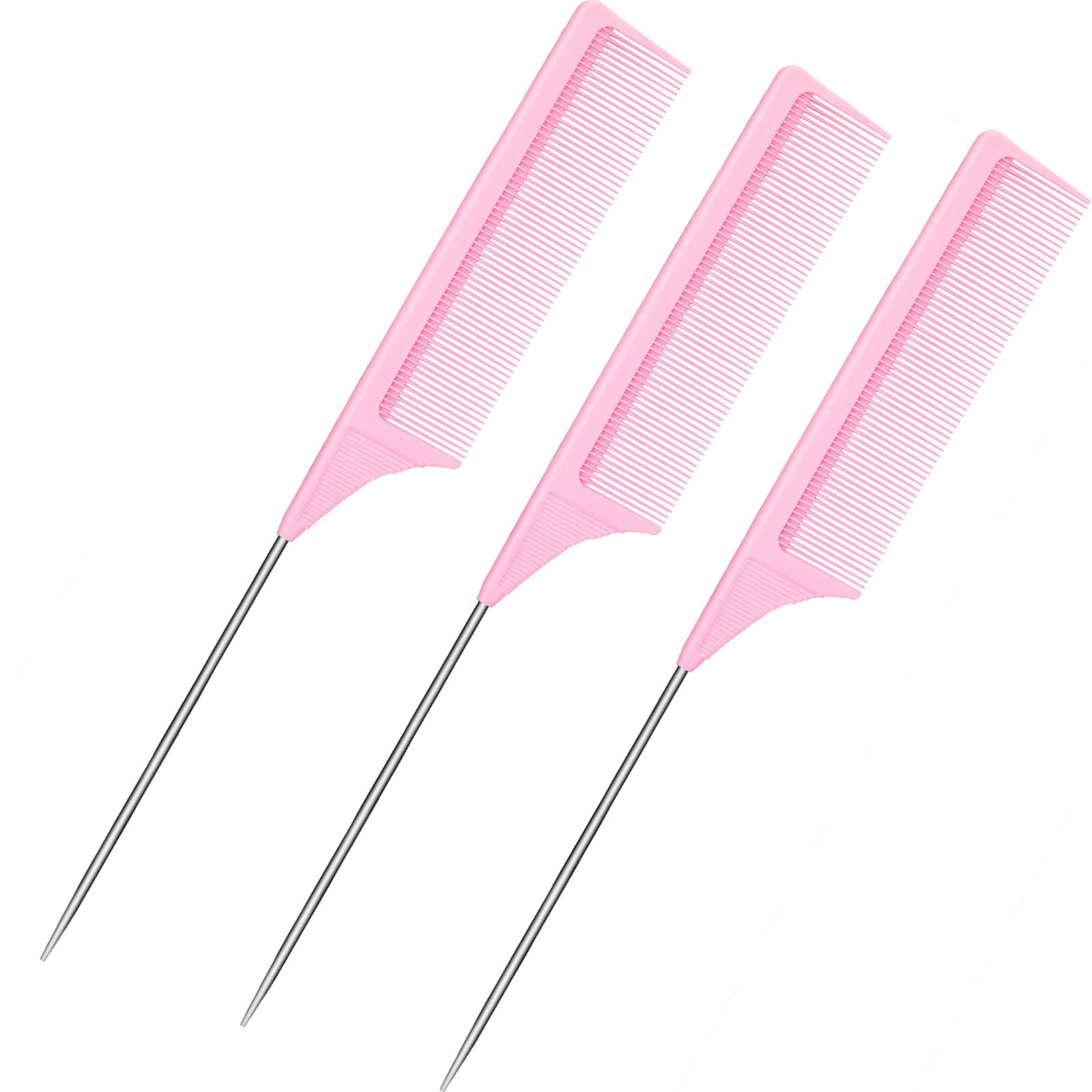 3 Packs 9 Inch Rat Tail Comb Carbon Fiber Heat Resistant Teasing Comb with Metal Pick Styling Parting Lightweight Sectioning Fine Tooth Combs for Women Girls Pink