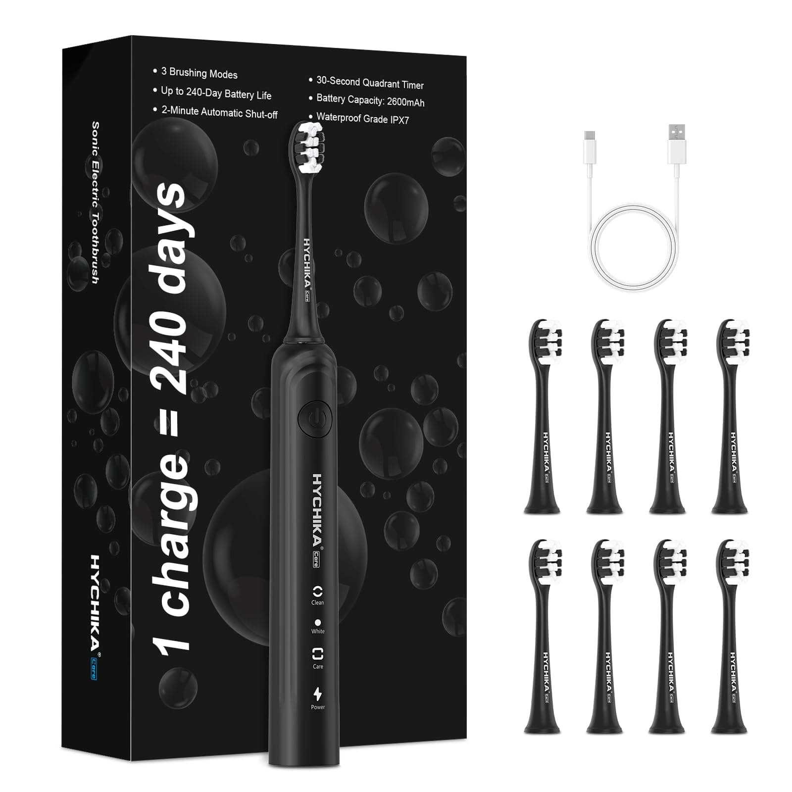 Sonic Electric Toothbrush for Adults,Rechargeable 240 Days Battery Life with 2500mAH Large Capacity, 8 Pack Quality Brushheads,3 Classic Brushing Modes,2 Min Smart Timer Battery Toothbrush,Black