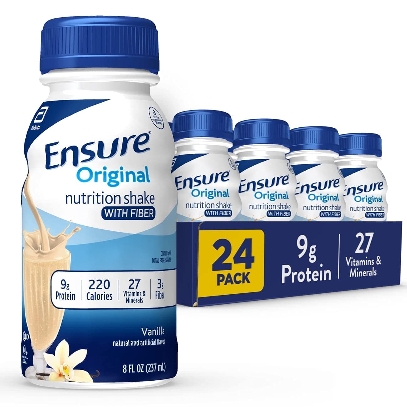 Ensure Original Vanilla Nutrition Shake with Fiber| Meal Replacement Shake | Ready To Drink | 9g Protein, 27 Vitamins and Minerals | 8 fl oz - 24 Pack Vanilla Fiber