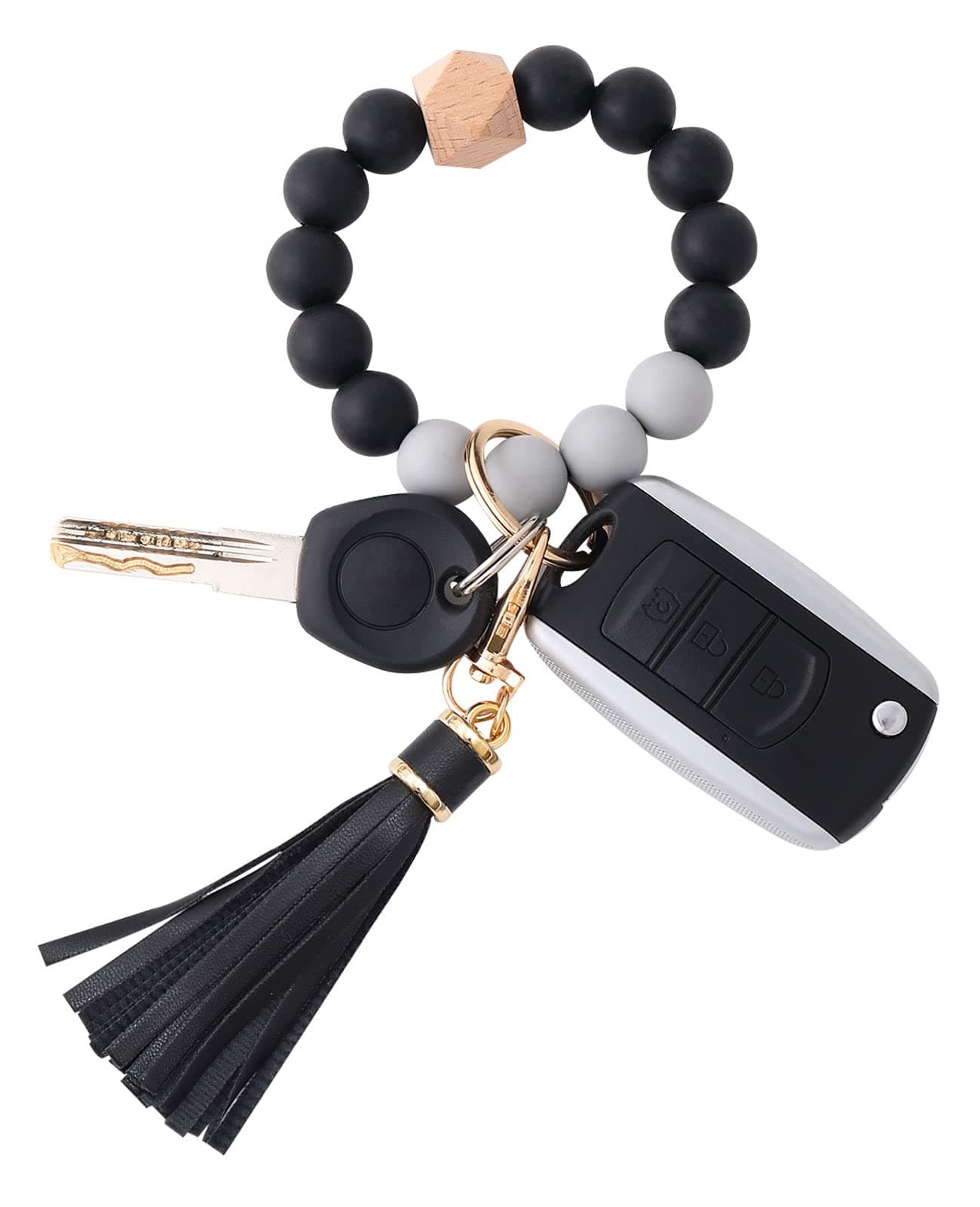 BAOSIWA Silicone Beaded Bracelet Keychain Wristlet Key Ring Bangle Chains for Women with Leather Tassel Black