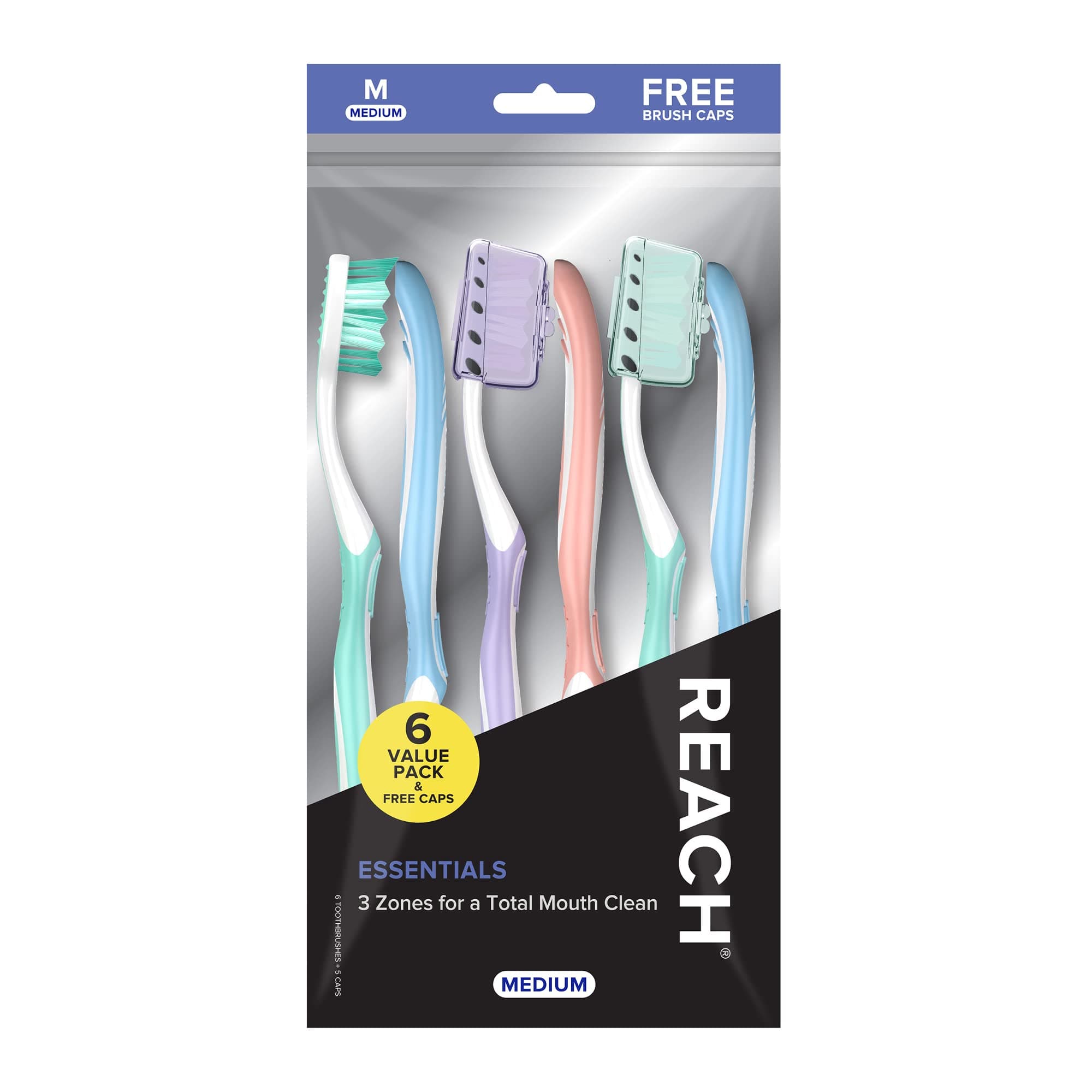 Reach Essentials Toothbrush with Toothbrush Covers, Multi-Angled Medium Bristles, Contoured Handle, Tongue Scraper, 6 Count 6 Count (Pack of 1)