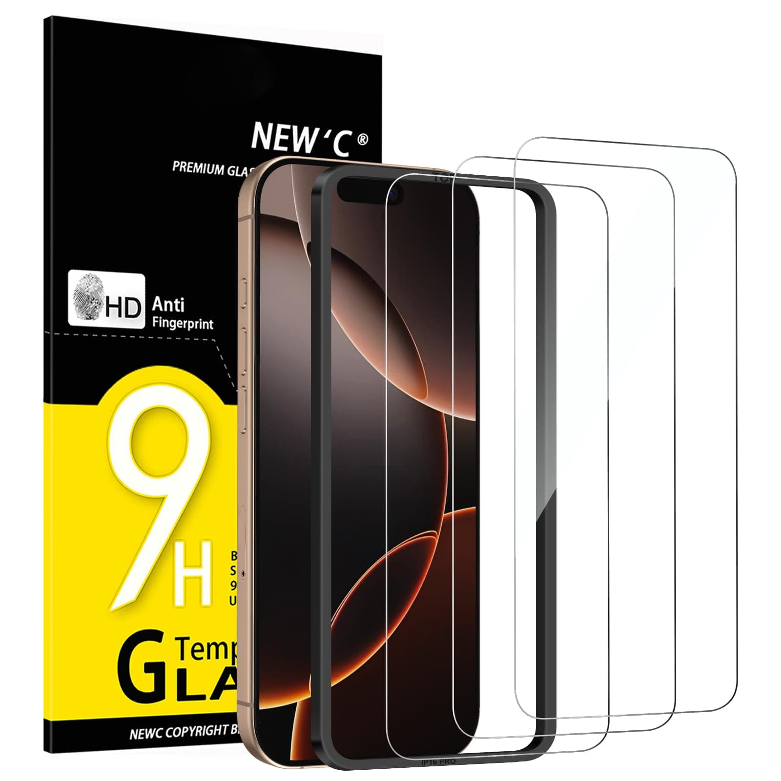 NEW'C 3 Pack Designed for iPhone 17, 17 Pro, iPhone 16 Pro Screen Protector (6.3 inches), Enhanced Tempered Glass Protection with easy installation tool included,Case Friendly Ultra Resistant 17/17 Pro/16 Pro 6.3 inches Transparent