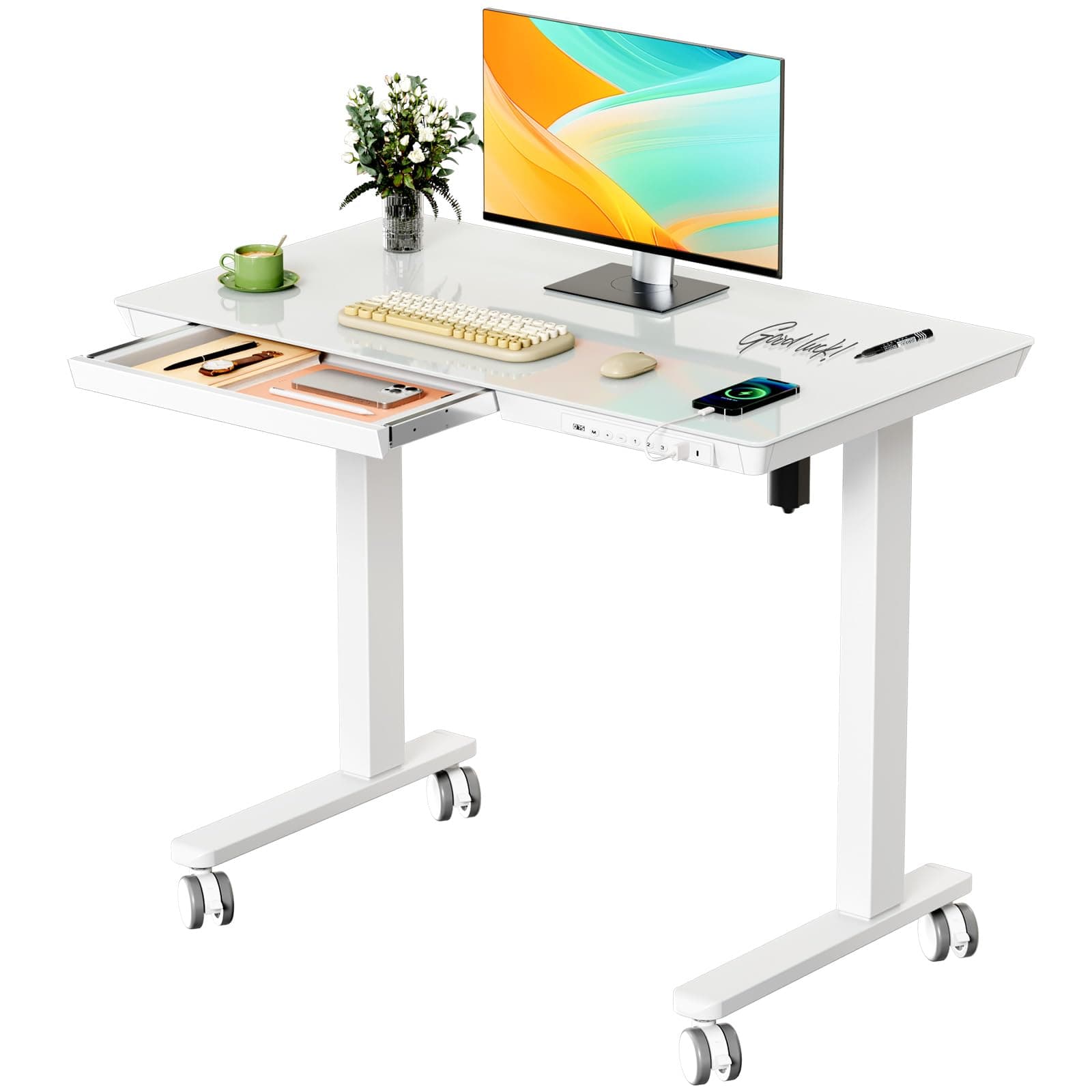 Glass Small Standing Desk with Drawer, 35" x 20" Whole Piece Electric Sit Stand Table, Height Adjustable Desk with Storage & USB Ports, Quick Install Home Office Computer Desk, White White Glass-top 35"