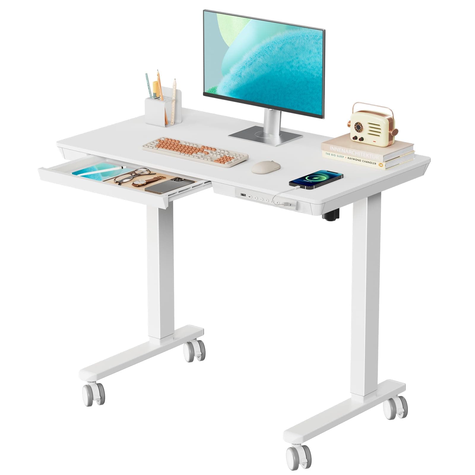 Small Standing Desk with Drawer, 35" x 20" Whole Piece Tabletop Electric Sit Stand Desk, Height Adjustable Desk with Storage & USB Ports, Quick Install Home Office Computer Desk, White White Wood-top 35"