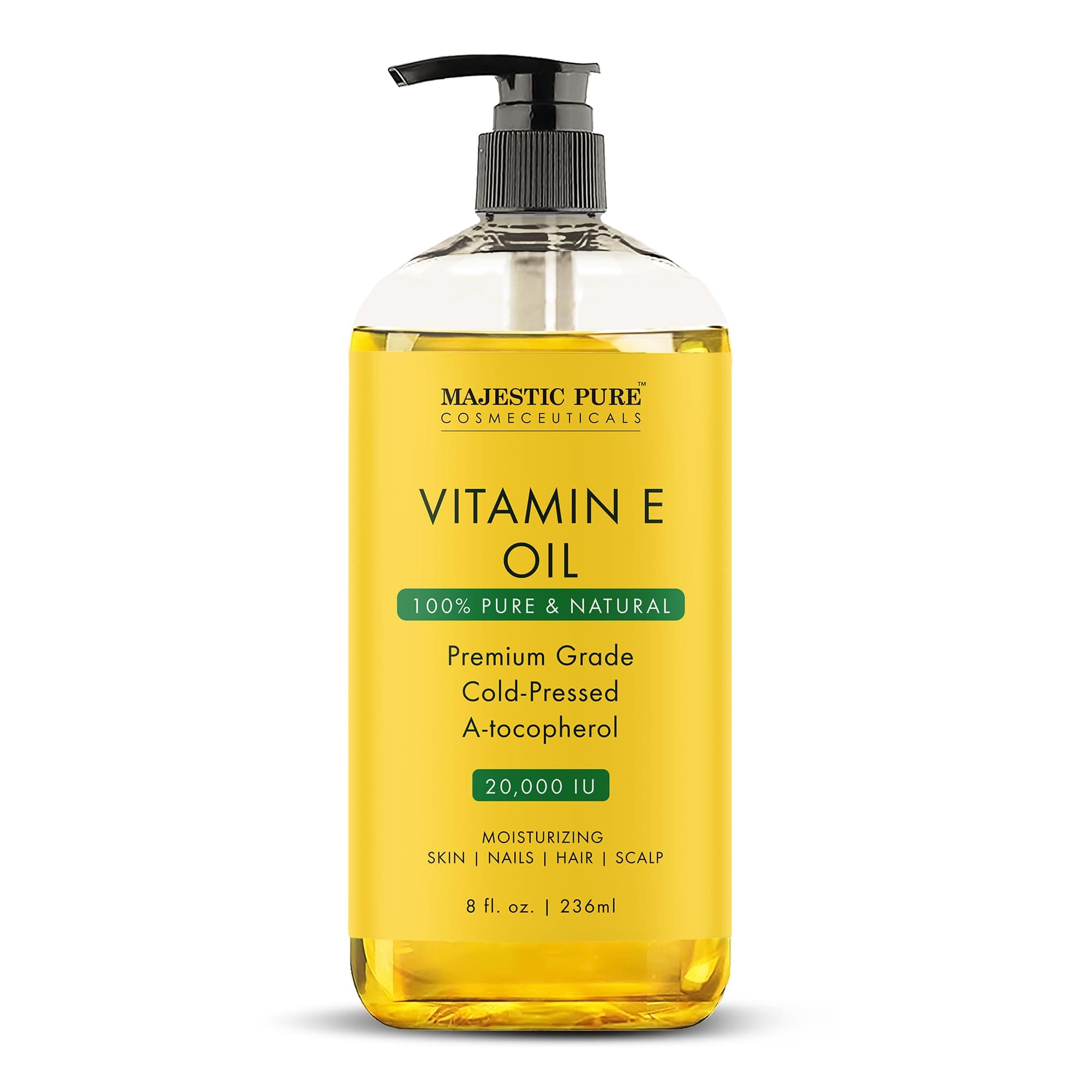 Majestic Pure Vitamin E Oil - 100% Pure & Natural, 20,000 IU | Premium Grade, Cold-Pressed and Tocopherol to Repair Dry, Damaged Skin | Moisturizing Skin, Hair and Scalp 8 Fl Oz 8 Fl Oz (Pack of 1)