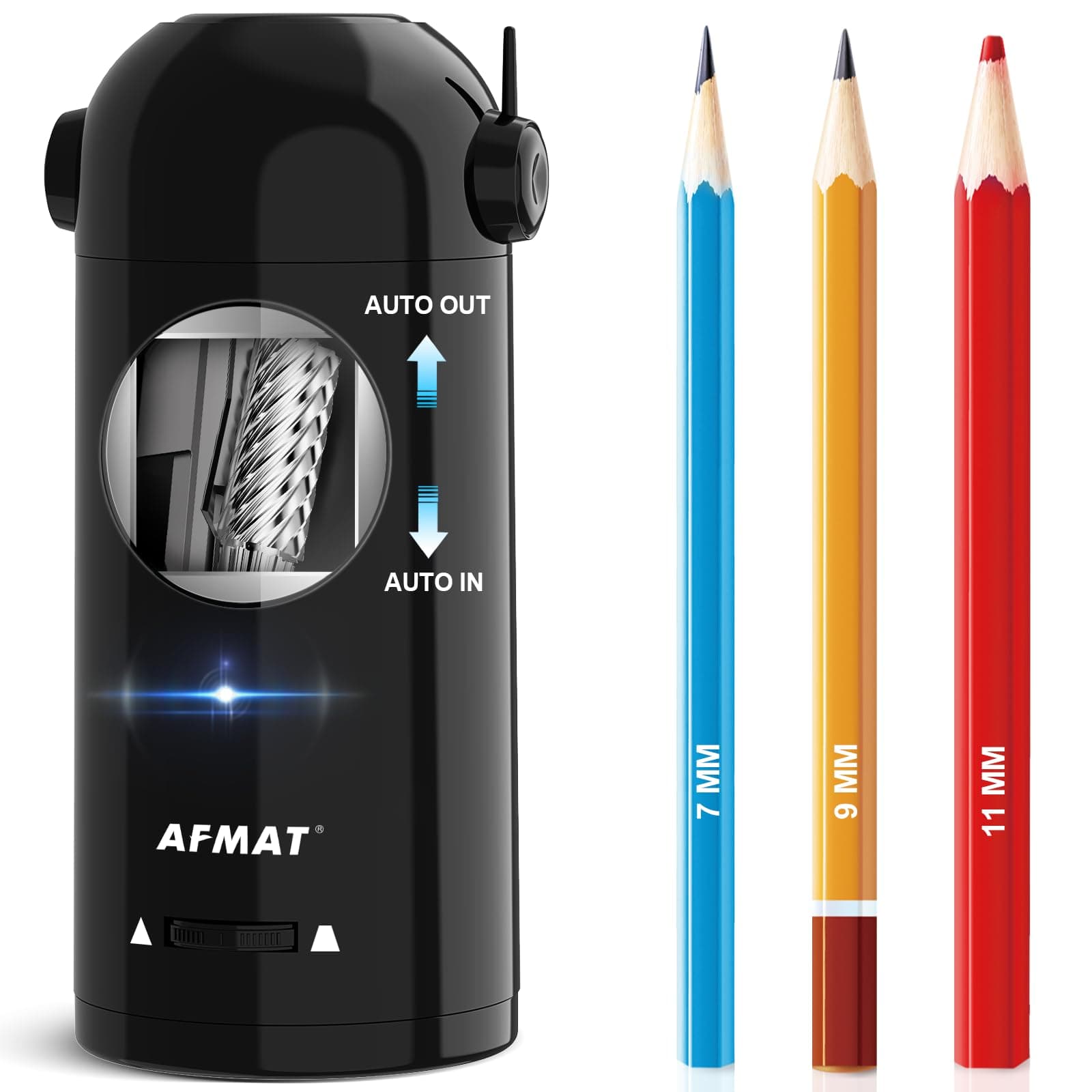 AFMAT Electric Pencil Sharpener, Fully Automatic Pencil Sharpener for Classroom, Robot Sharpeners for 7-11.5mm No.2/Jumbo/Colored Pencils, Auto in & Out, Rechargeable & Cordess, Hands-Free, PSX5,Black