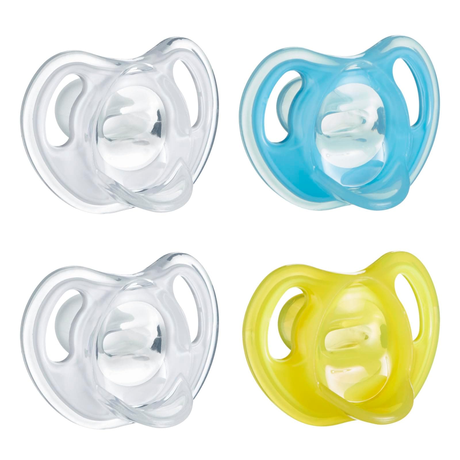 Tommee Tippee Ultra-Light Silicone Pacifier, 6-18 Months, Symmetrical One-Piece Design, BPA-Free Silicone Binkies, Clear/Blue/Yellow, Pack of 4 Clear/Blue/Yellow 6-18 Month (Pack of 4)