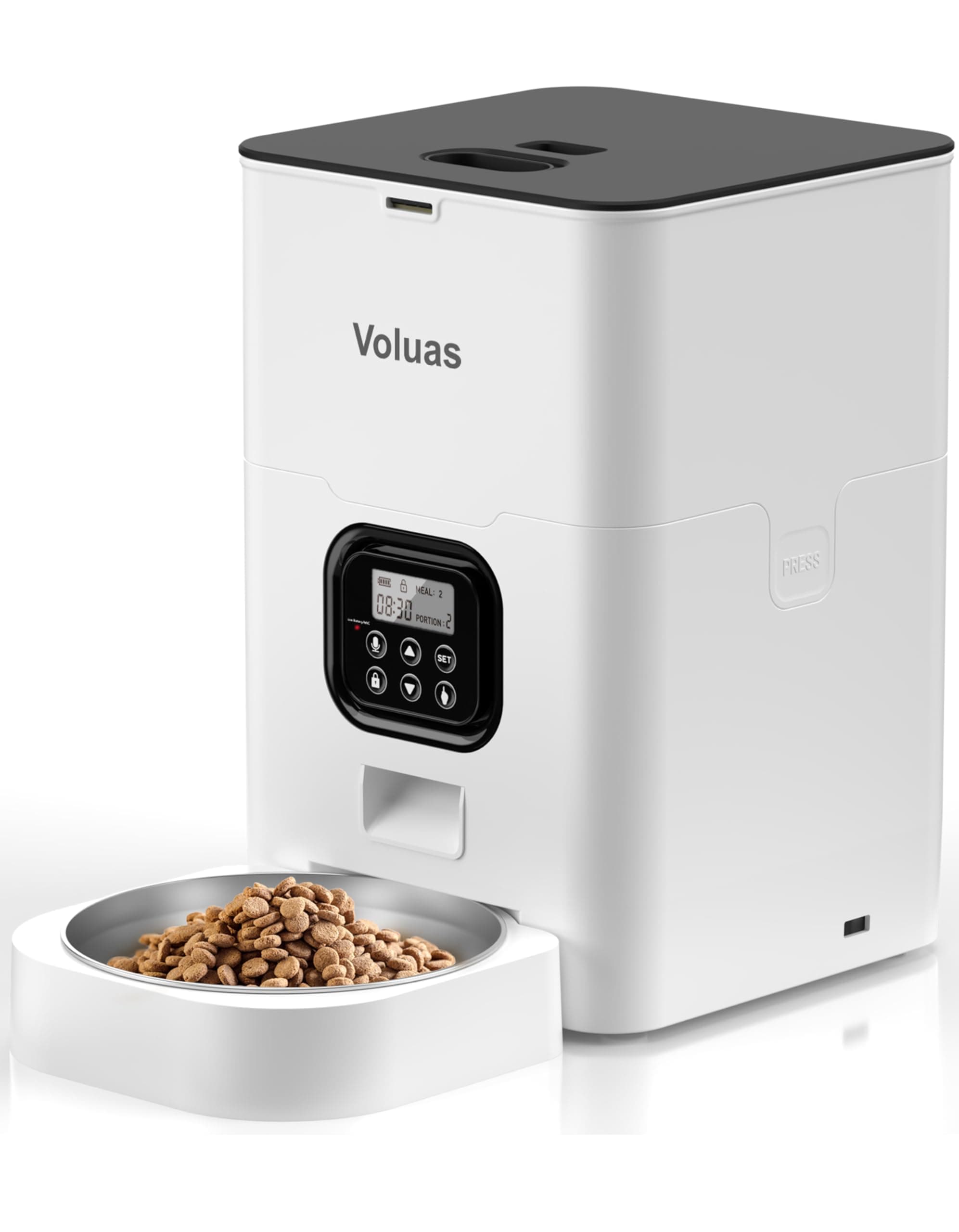 VOLUAS Automatic Cat Feeders - Timed Pet Feeder for Cats and Dogs with Dry Food Dispenser, Desiccant Bag, Programmable Portion Control, 4 Daily Meals, 10s Voice Recorder 4L White Opaque