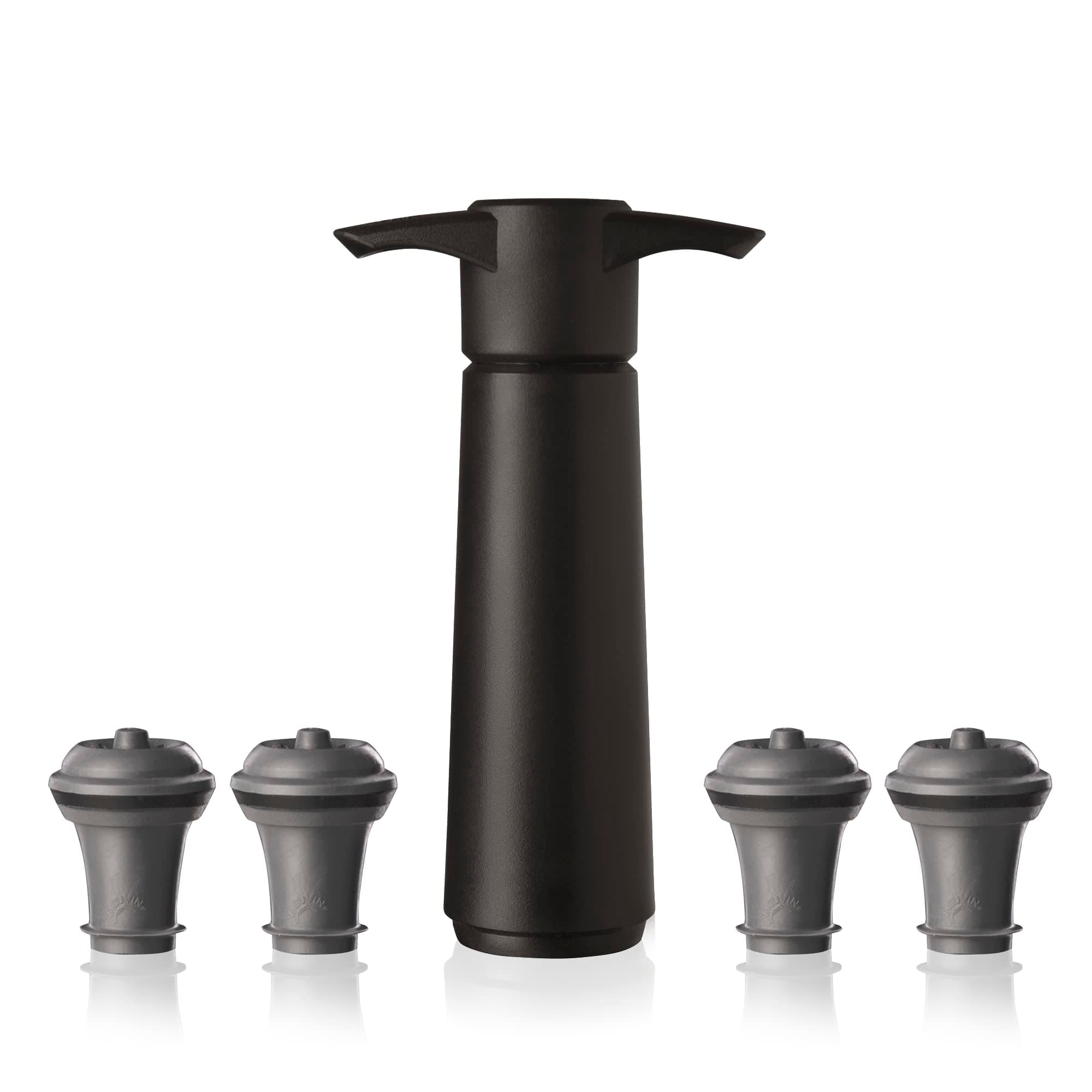 Vacu Vin Original Wine Saver with 4 Vacuum Bottle Stoppers – Black Wine Preserver Pump for Red or White Wine – Manual Air Remover System – Airtight Seal – Keep Wine Fresh Longer Black 4 Stoppers