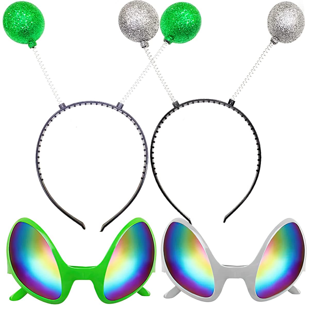 Poptrend 2 Pairs Alien Headband and Glasses,Alien Rainbow Lens Sunglasses,Headband Boppers Antenna for Adults and Kids Green+silver