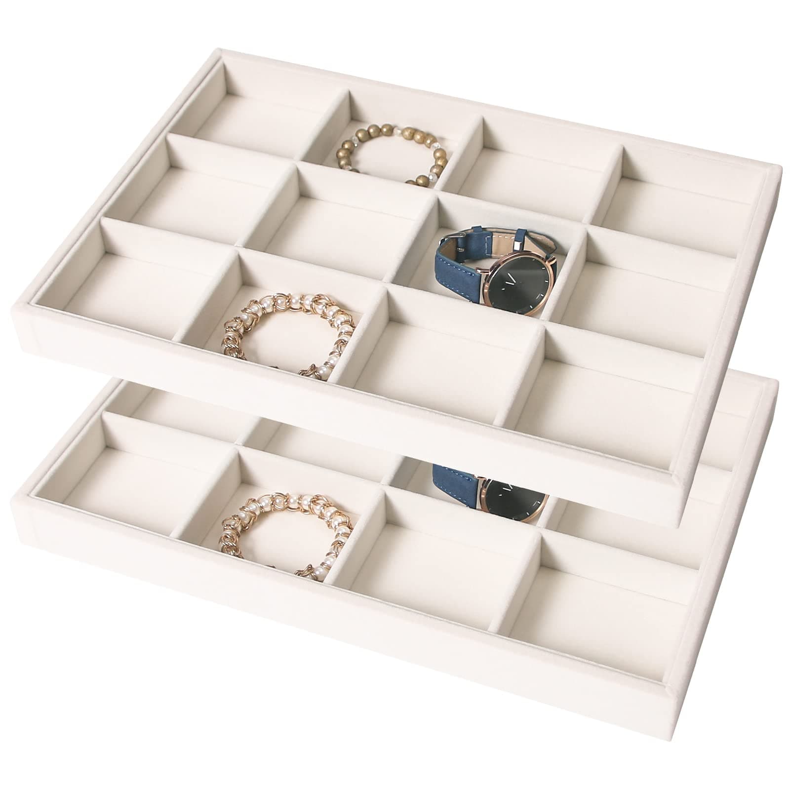 Coward 2PC Stackable 12 Grids Jewelry Organizer Tray Bracelet Display Stand for Selling Velvet Necklace Holder Earring Box Storage (12grid+12grid) 12Grids+12Grids Beige Velvet