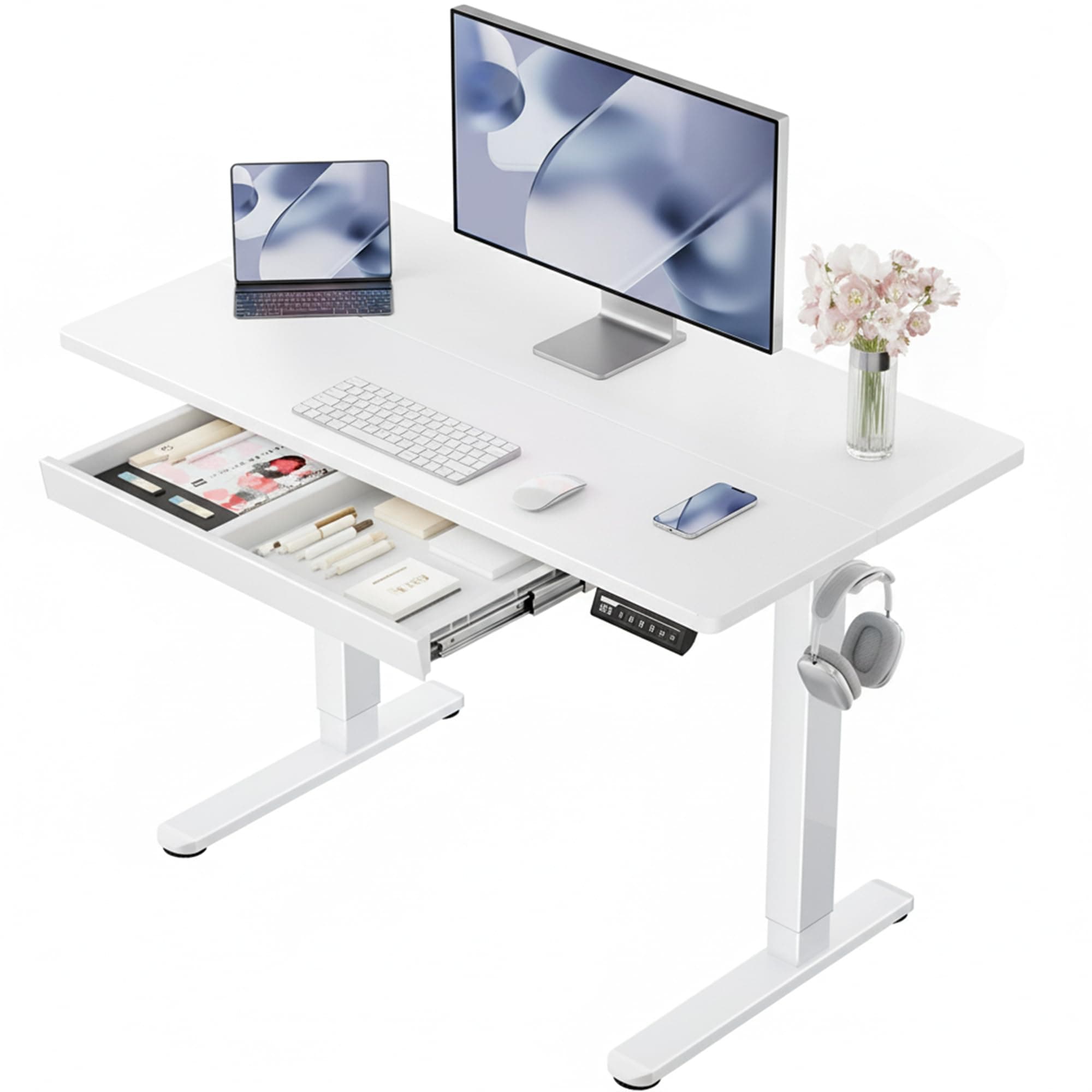 ErGear 44 inch Electric Standing Desk with Drawers, Adjustable Height with Storgear, 4 Memory Height Settings, Sit Stand Up Desk for Home Office & Computer Workstation, White White 44x24 Inch(Wider Drawer)